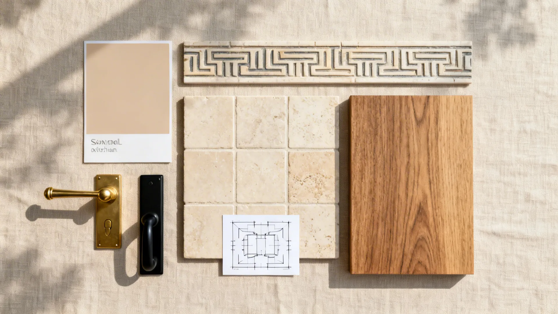 Interior design mood board with wood sample stone tiles door handles color card and room drawing