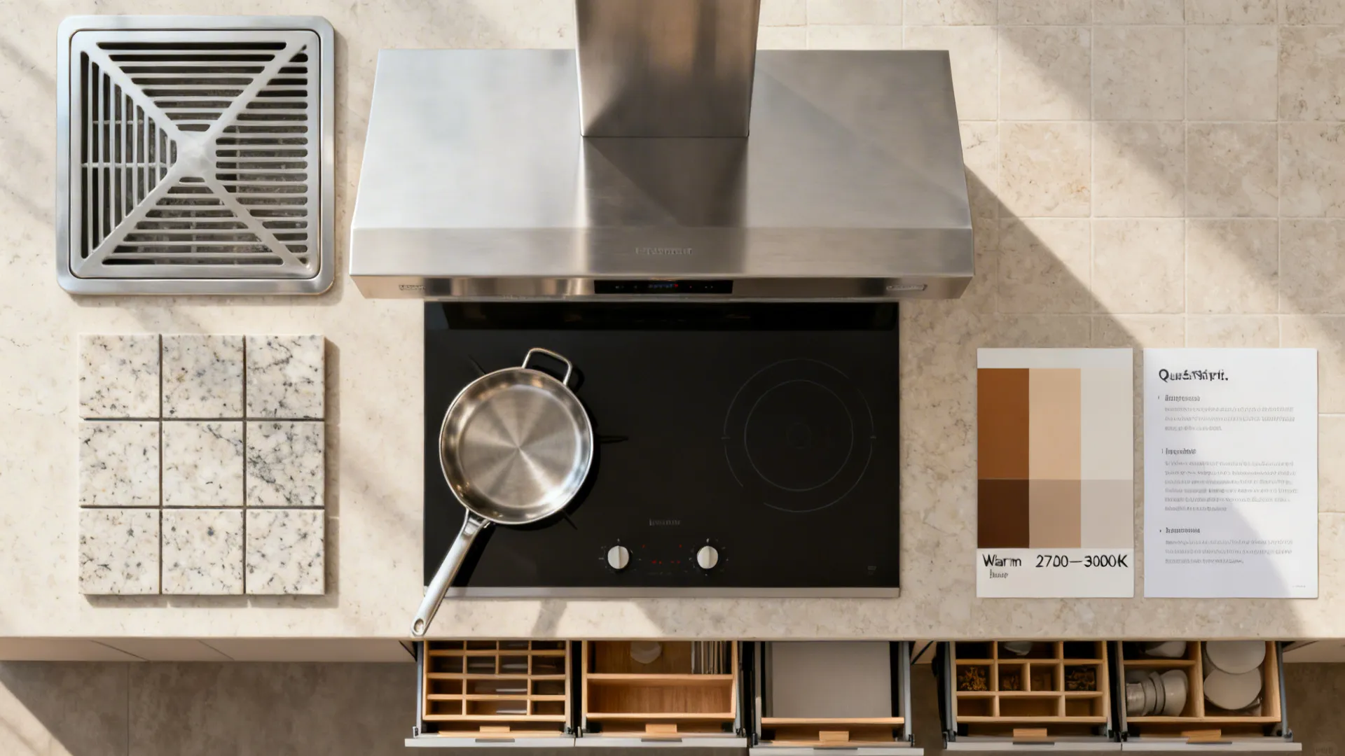 Flat lay of hood filter, induction-compatible cookware base, quartz sample, lighting swatches, and organizers.