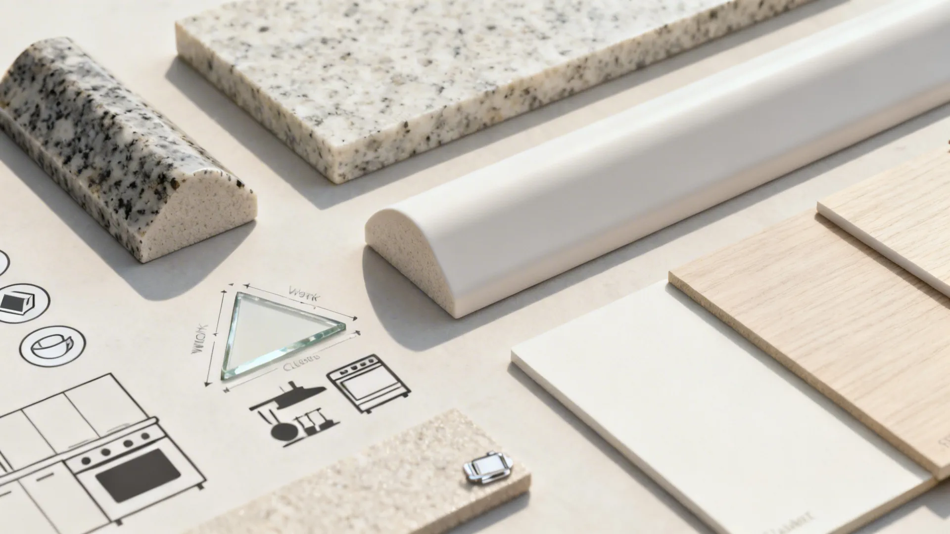Flat lay of quartz and granite edge samples, satin glass chip, light laminate swatches, and compact appliance silhouettes.