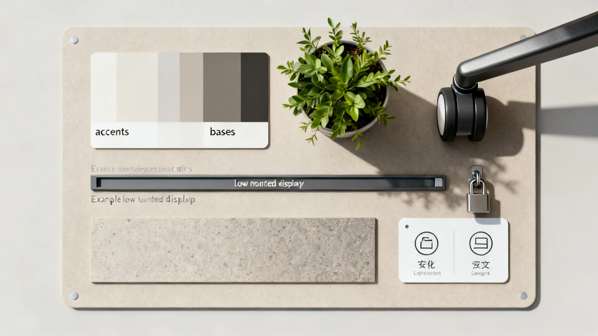 Top-down arrangement of soft color swatches, low display strip, plant, caster, and icon label.