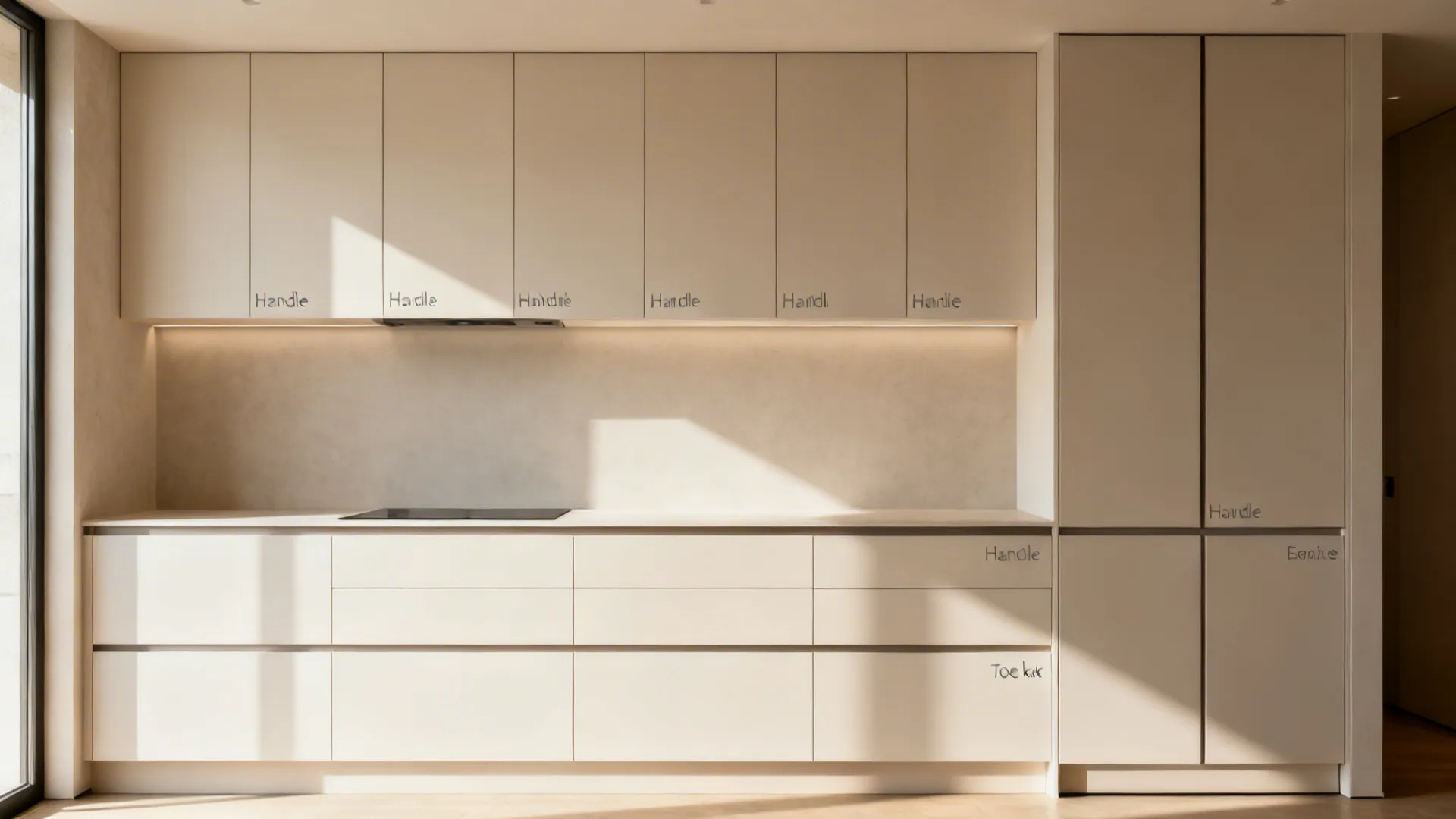 Clear front-on kitchen elevation illustrating cabinet bands, backsplash height, and lighting zones.
