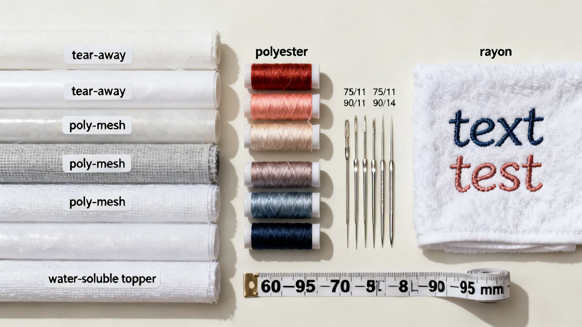 Embroidery kit showing fabric rolls colorful thread spools needles measuring tape and white sample towel