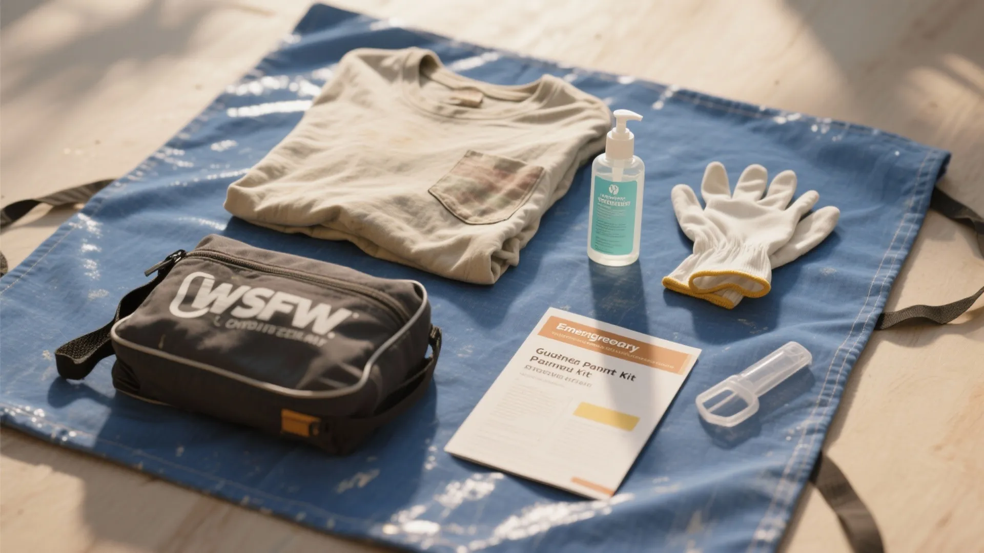 Emergency cleaning kit with gloves and soap bottle placed on blue mat with a tshirt nearby