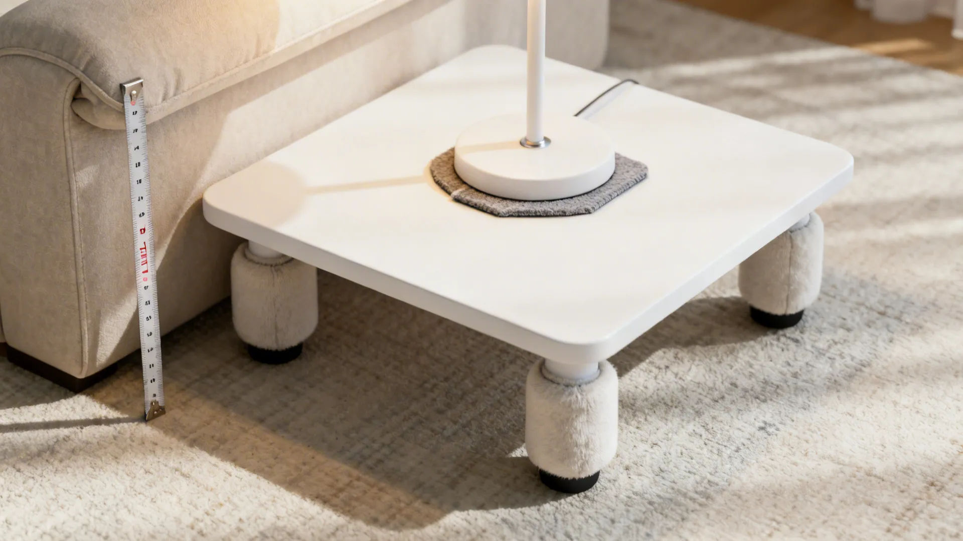 Detail of protective pad and measuring tape on a white end table showing ergonomic guidance