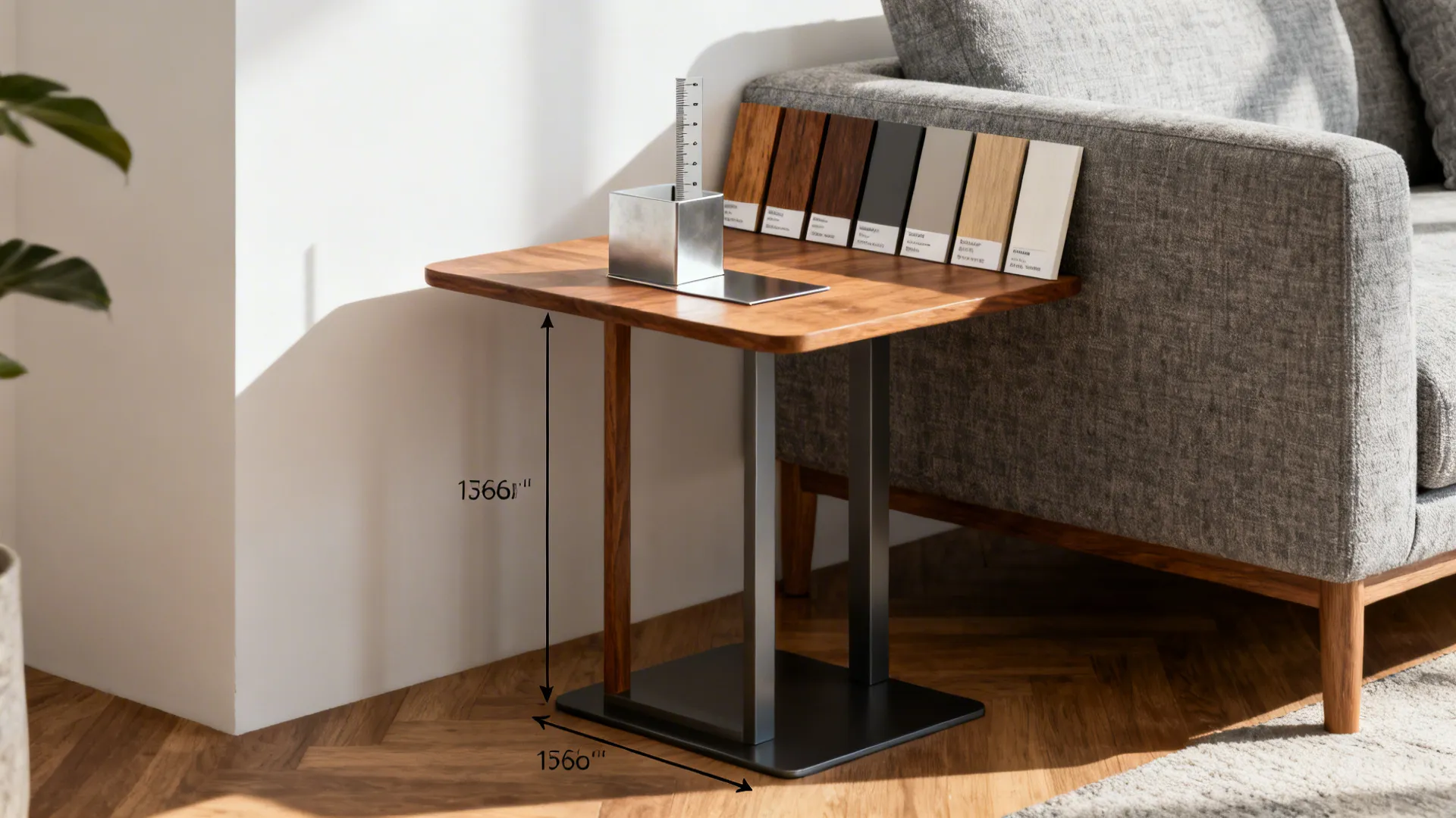 End table beside sofa with height ruler and material swatches illustrating FAQ guidance