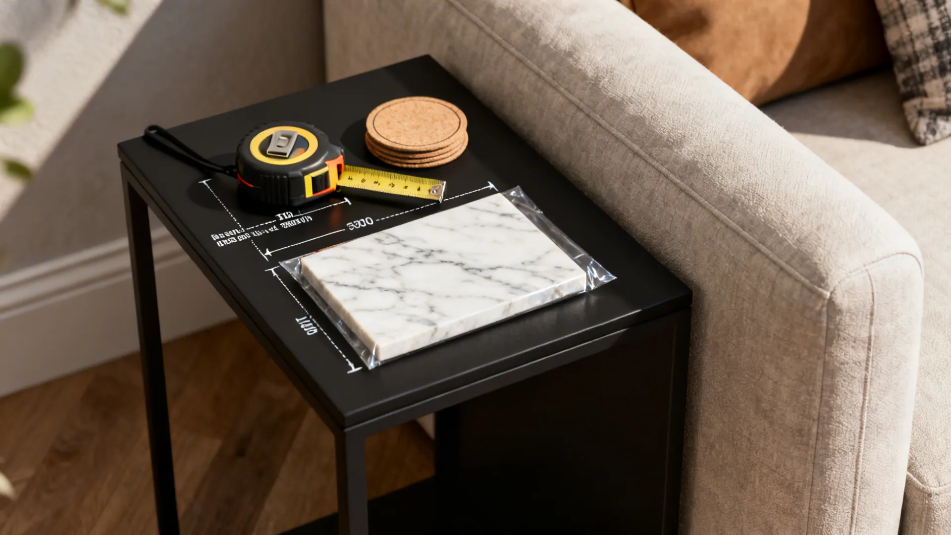 Black end table positioned next to a sofa with tape measure showing recommended height.