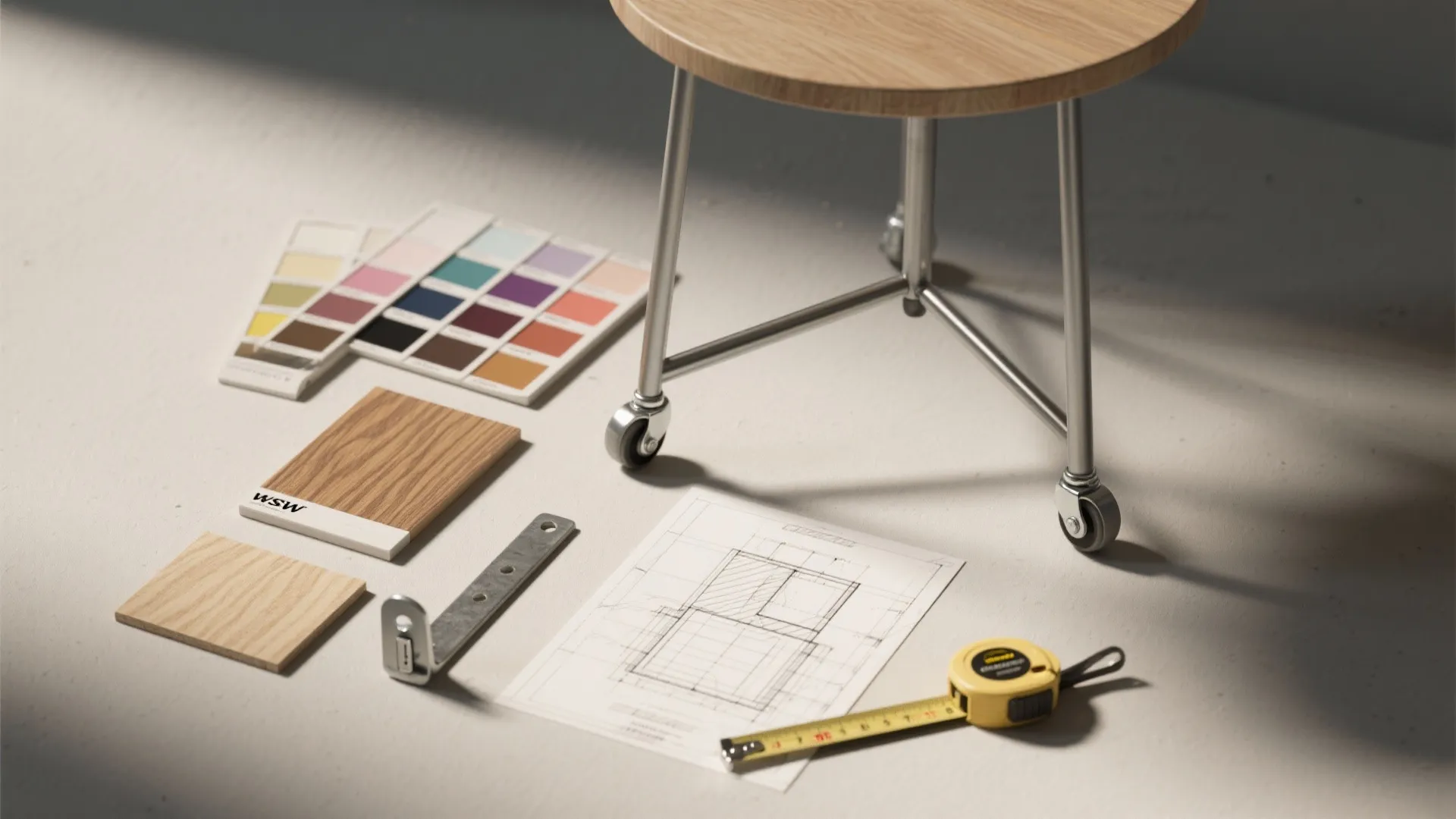 Flatlay of materials and tools: paint swatches, veneer, caster, bracket, tape measure and a floor plan for a small end table DIY.