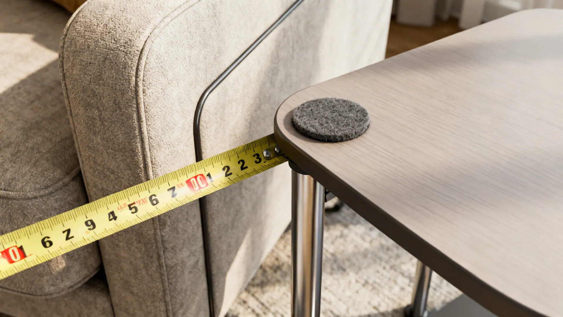 Measuring the distance between a grey sofa and a small side table using yellow tape