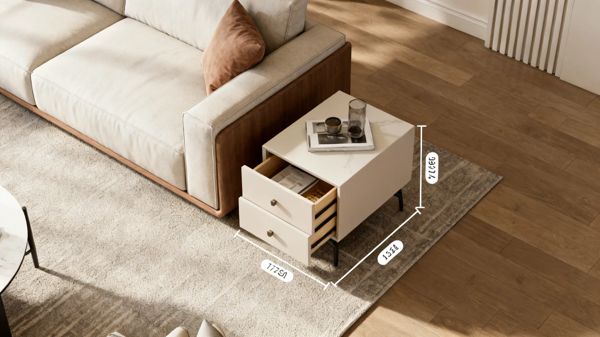 Top-down living room layout diagrams showing end-table heights and clearances