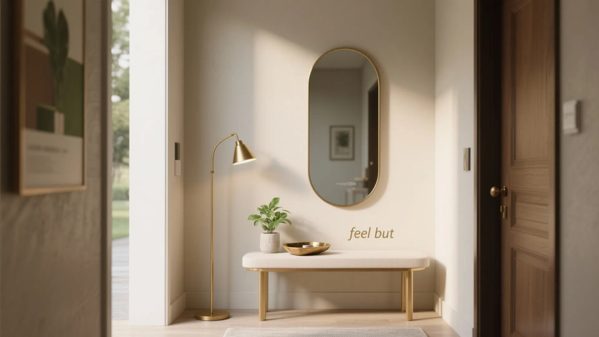 Minimalist hallway with a white bench gold oval mirror and a tall gold floor lamp