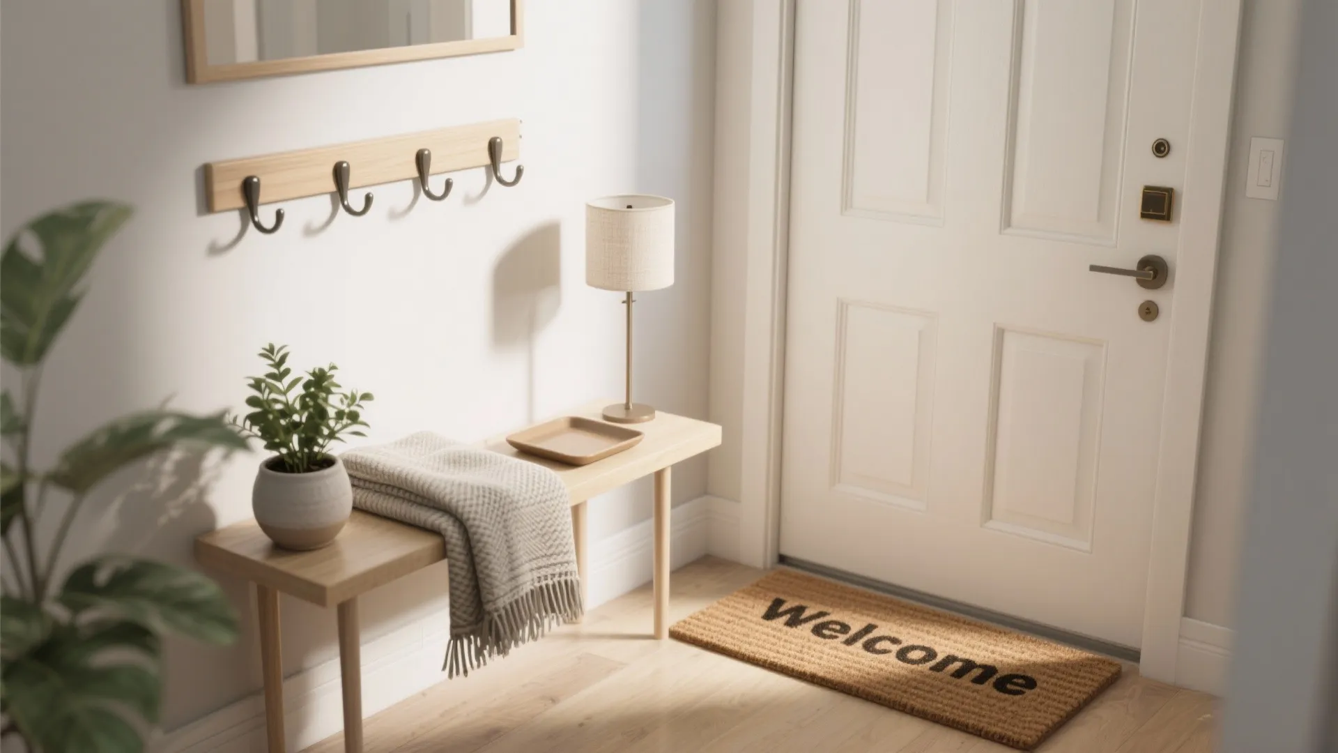 Entrance vignette with a small plant, welcome mat, hooks and a slim lamp showing renter-friendly feng shui fixes.