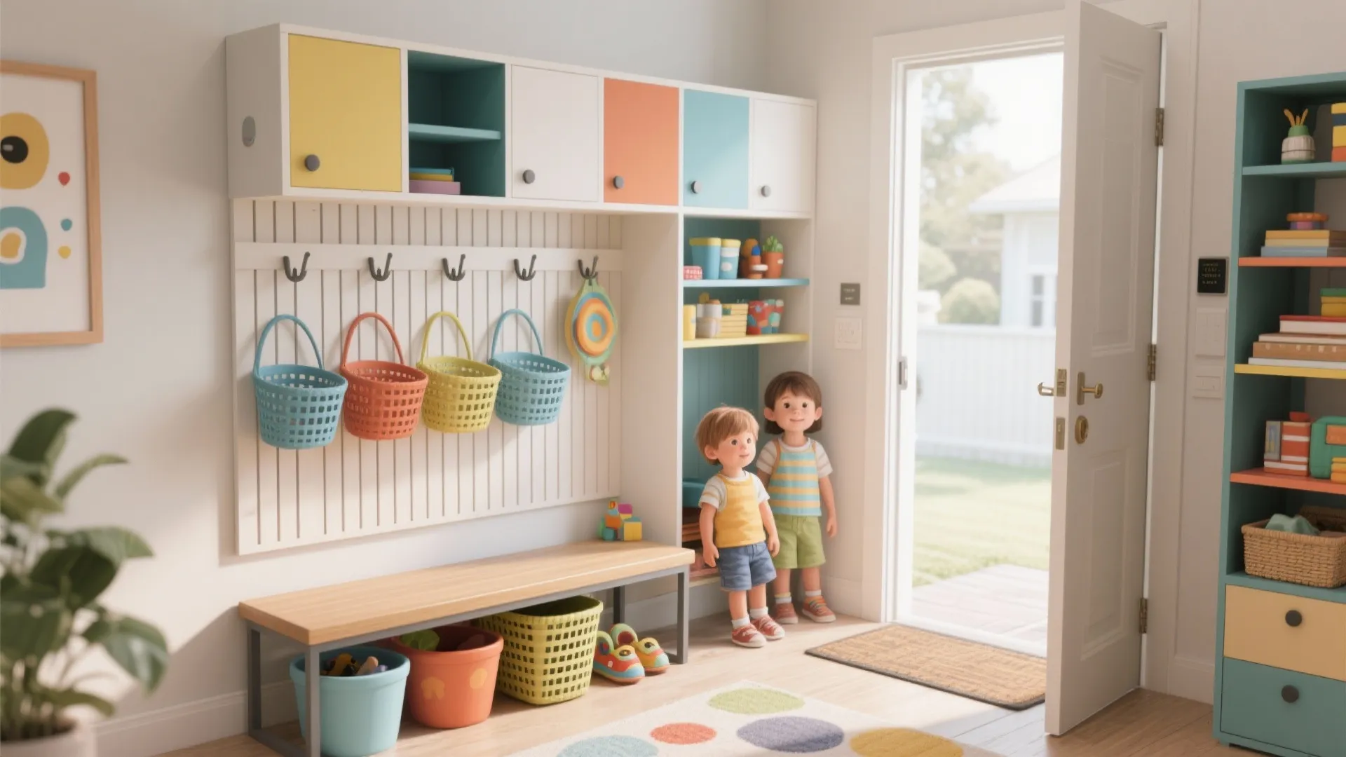 Compact family-friendly entry with cubbies, low hooks, labeled baskets, and ventilated shelving for daily use.