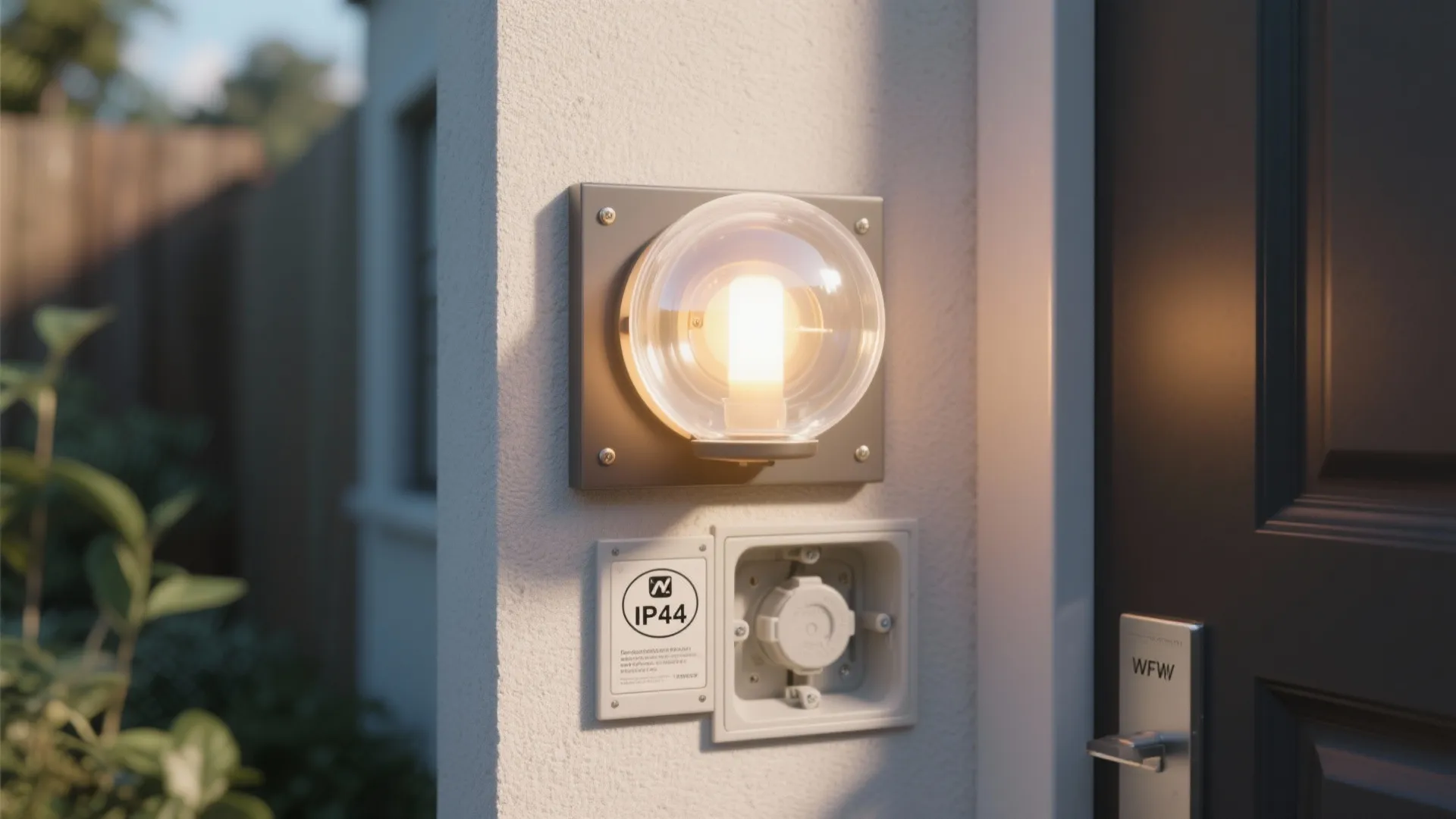 Entry vignette with frosted globe, IP44 badge, and neat junction box illustrating FAQ points