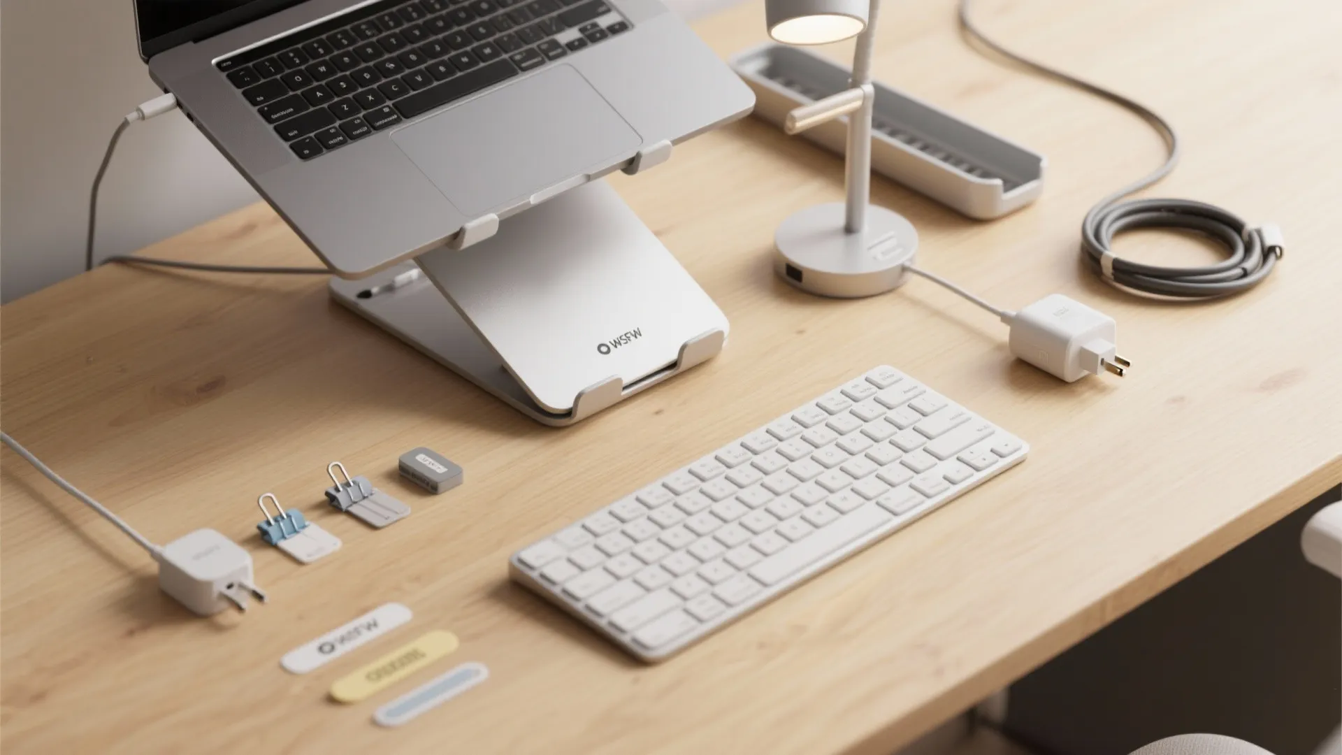 Flatlay of ergonomic accessories and cable-management tools: laptop stand, external keyboard, task lamp and cable tray.