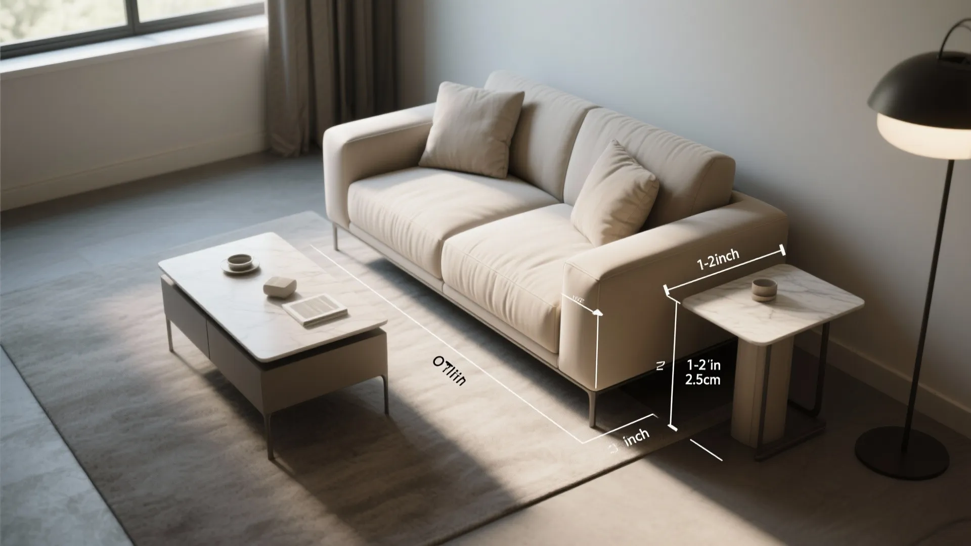 Living room layout showing measurements for distance between sofa and marble top coffee table furniture