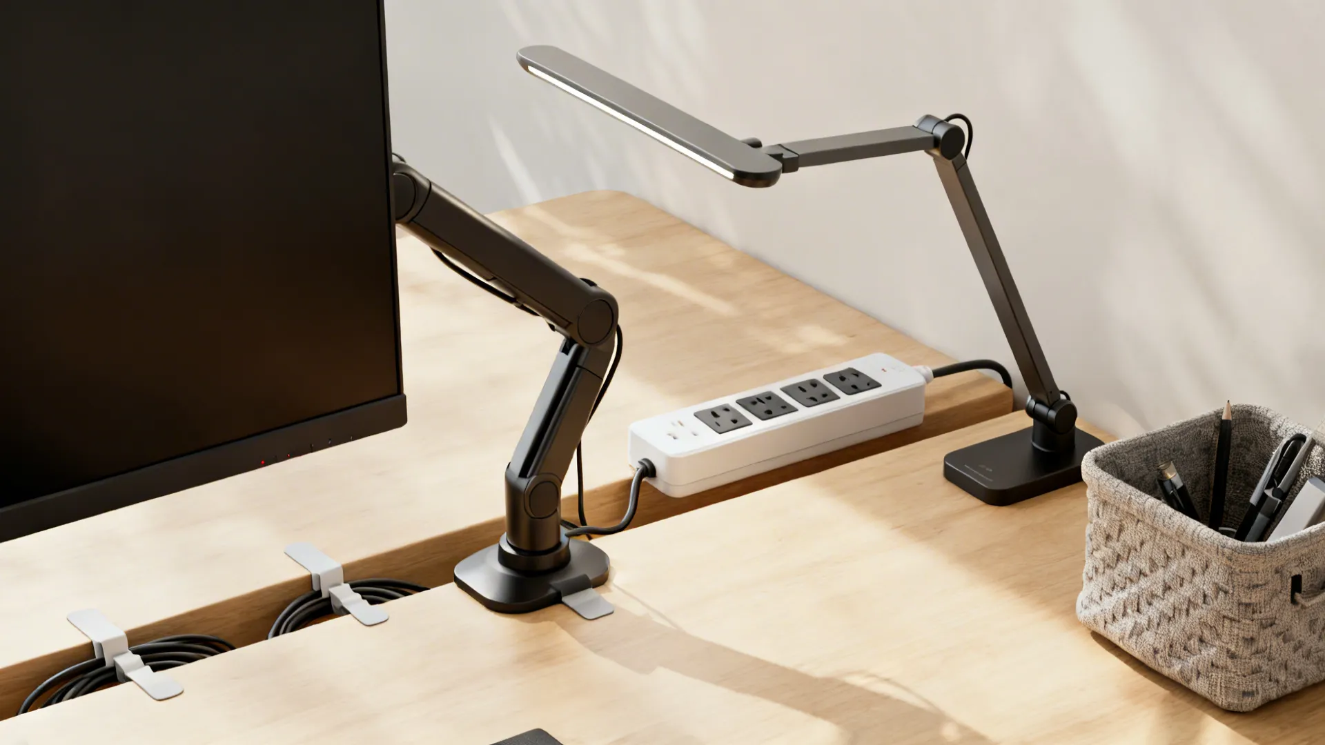 Compact ergonomic accessories: monitor arm, cable clips, mounted power strip and task lamp