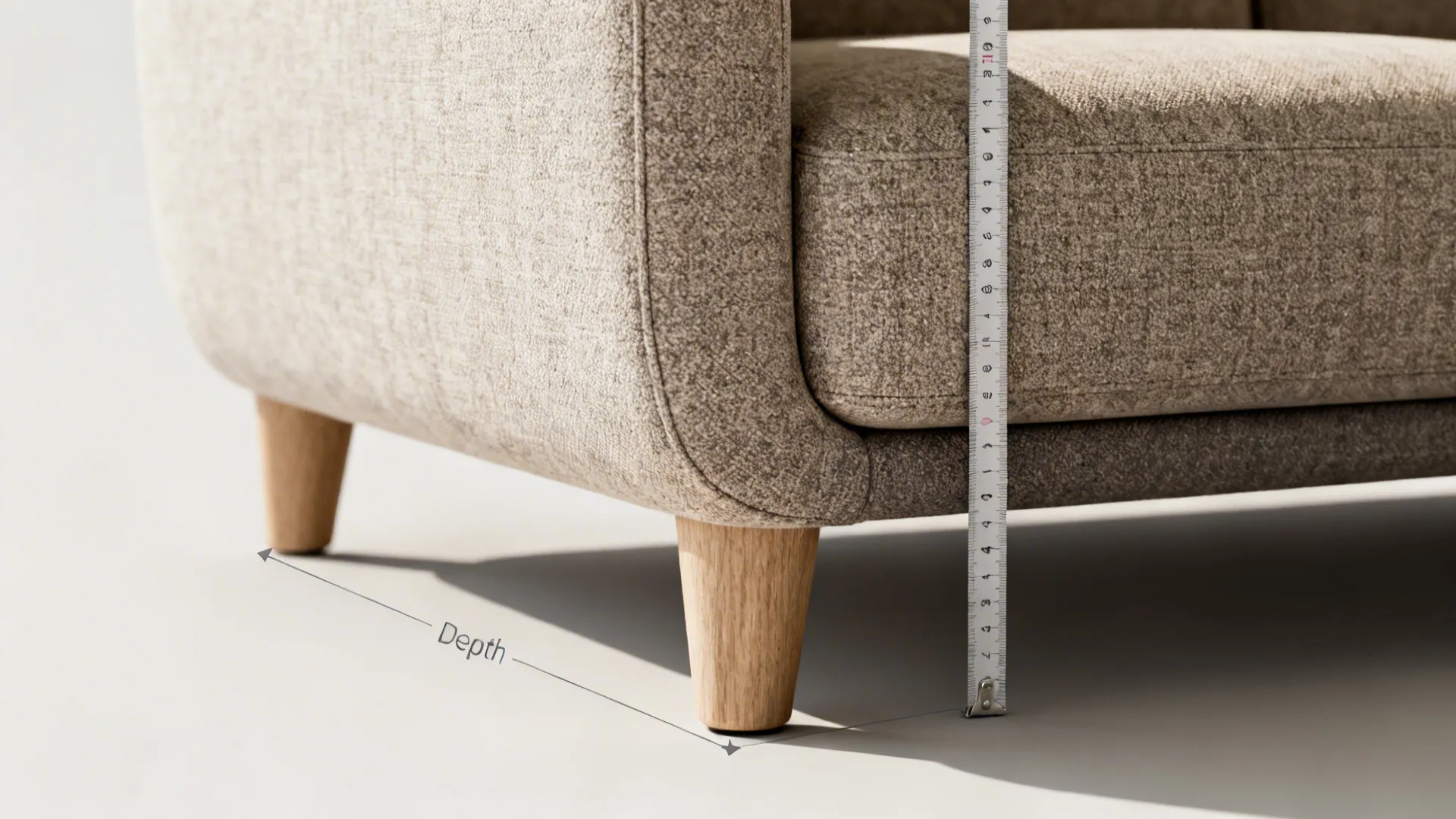 Detail showing sofa seat depth, leg clearance and fabric texture for ergonomic seating decisions.