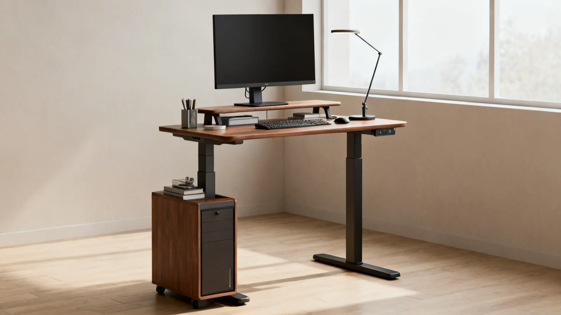 Compact ergonomic sit-stand desk setup with task lighting and closed storage for a small office.