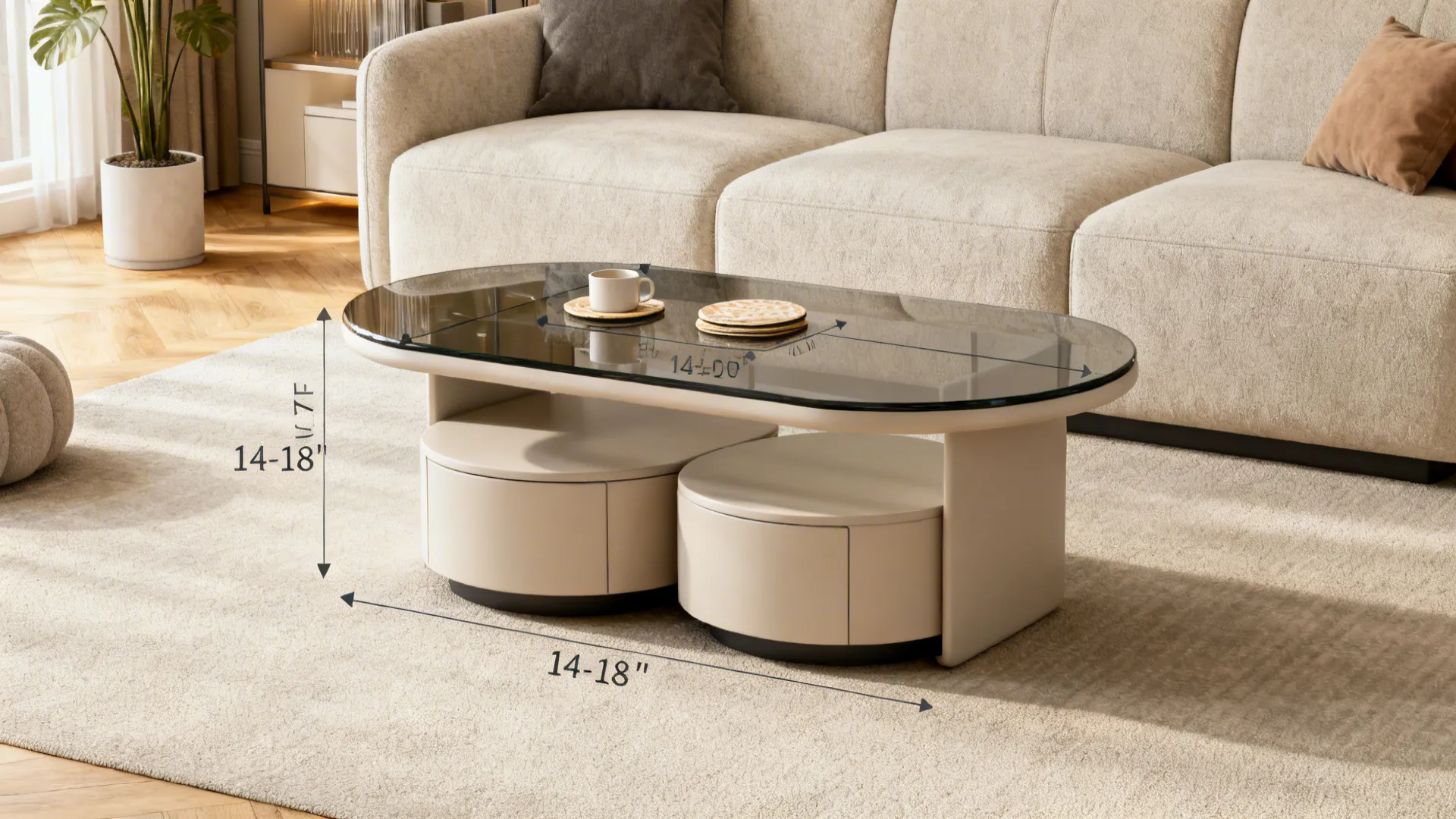 Living room setup demonstrating ideal table height, clear walk space, and rounded edges for safety