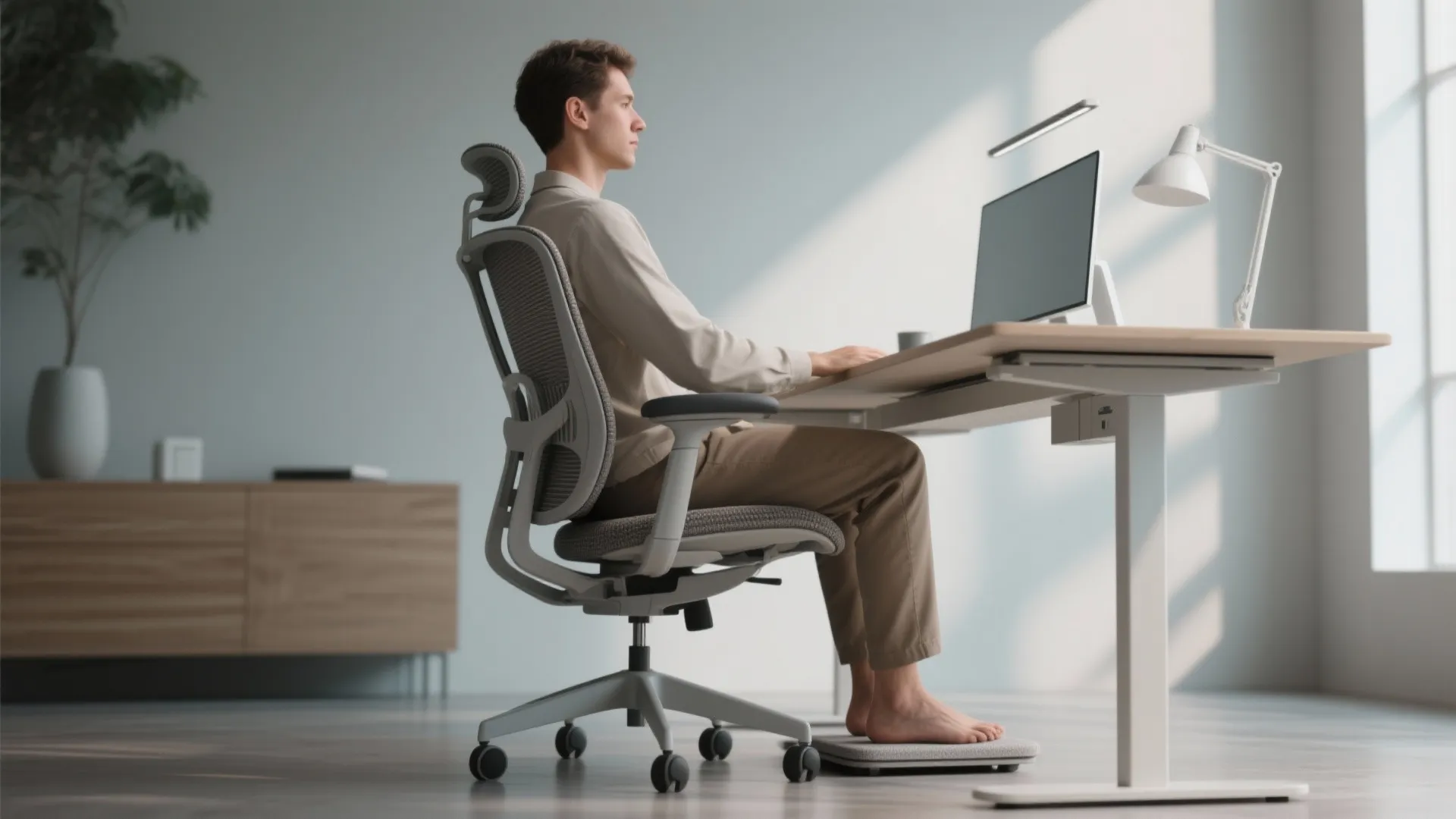 Man sitting in a grey adjustable office chair at a modern desk with a screen