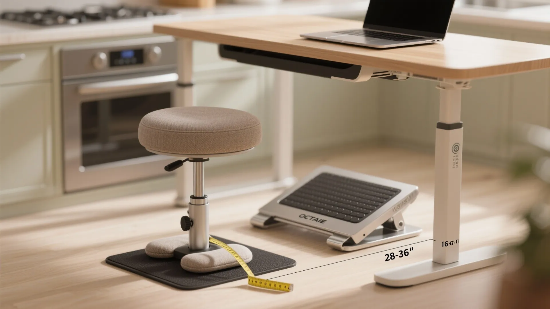 Adjustable desk in kitchen with laptop, stool, footrest, and yellow measuring tape for ergonomic measurements