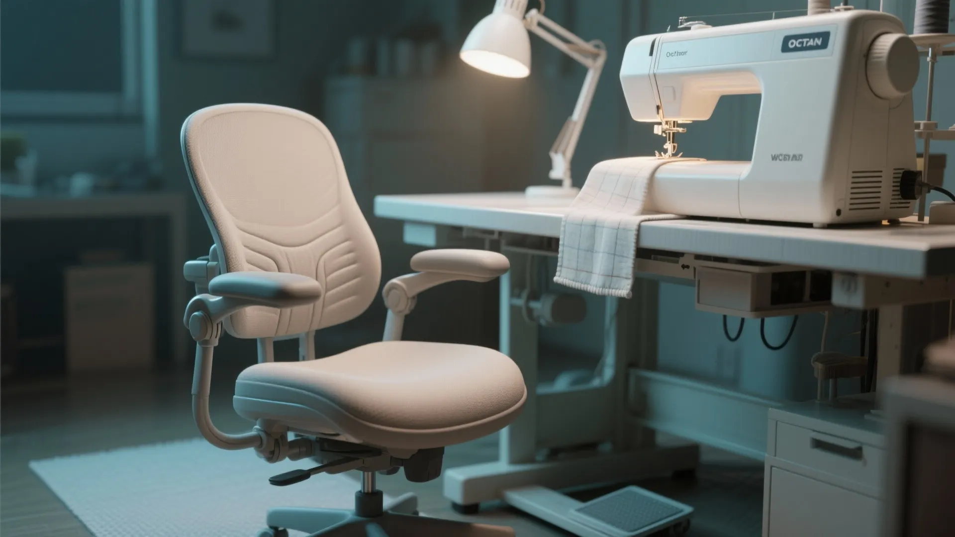 Modern white office chair near a sewing machine on a desk with a table lamp