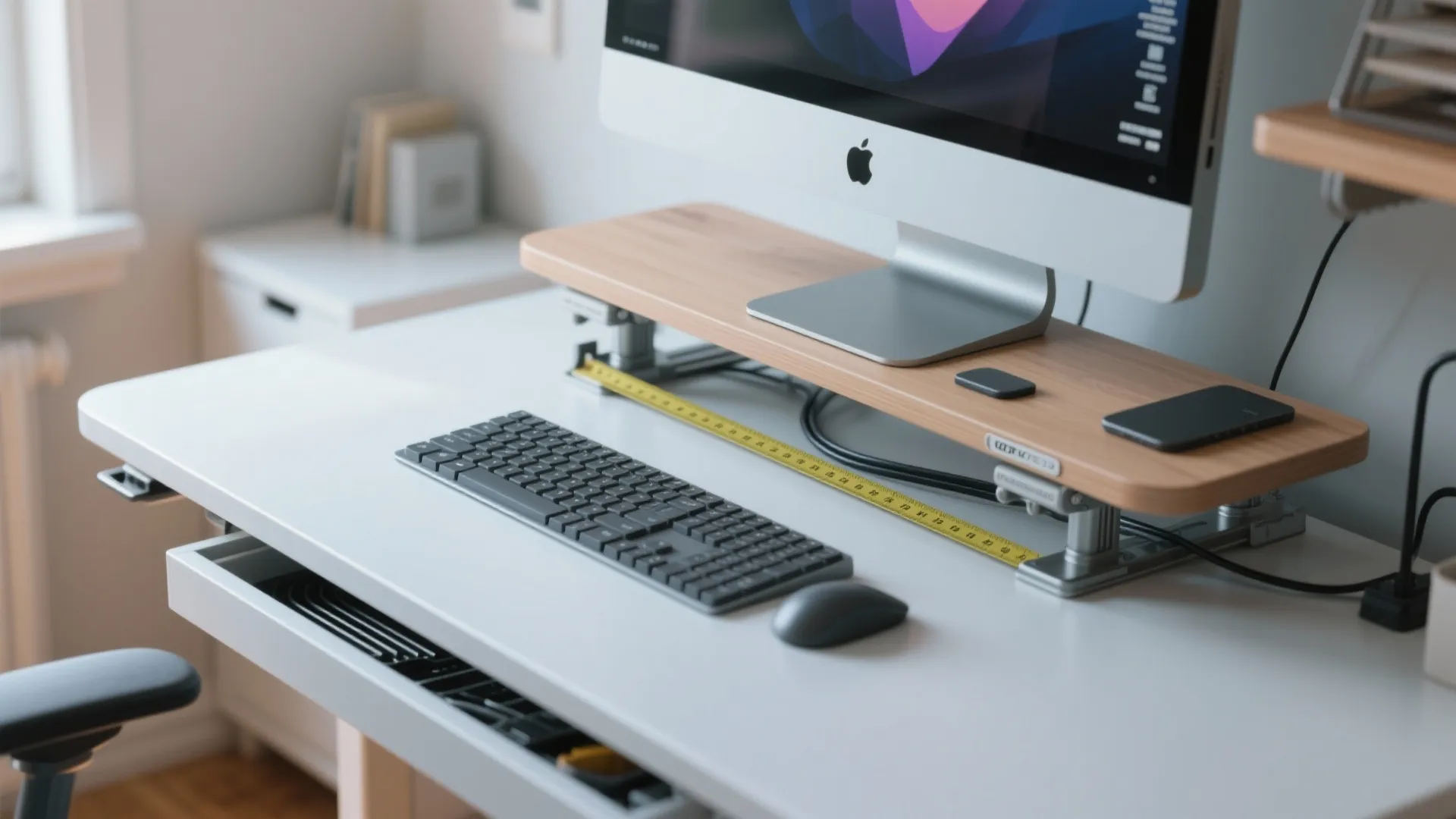 Macro view of an ergonomic small-office setup showing monitor height, keyboard position, and cable management under a desk.