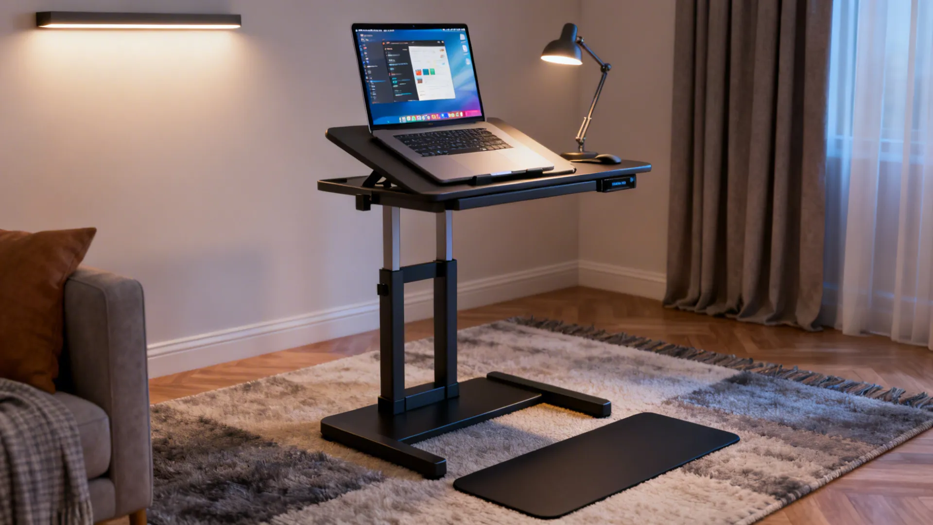 Ergonomic setup elements for a small living-room office including standing converter, mat, and layered lighting.