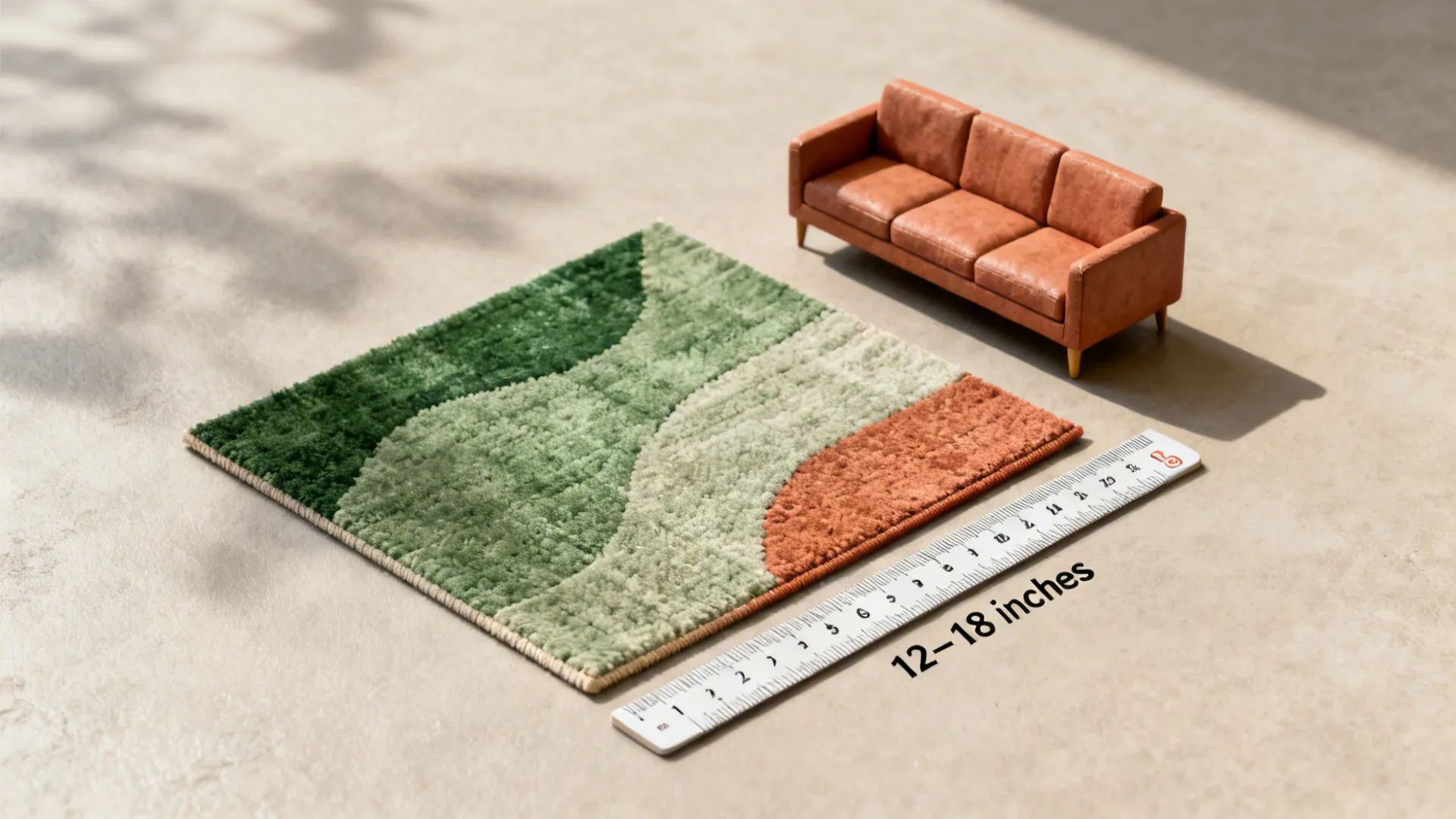 Flatlay showing measuring tape, rug swatch, and rulers illustrating coffee table ergonomic distances and sizing tips.