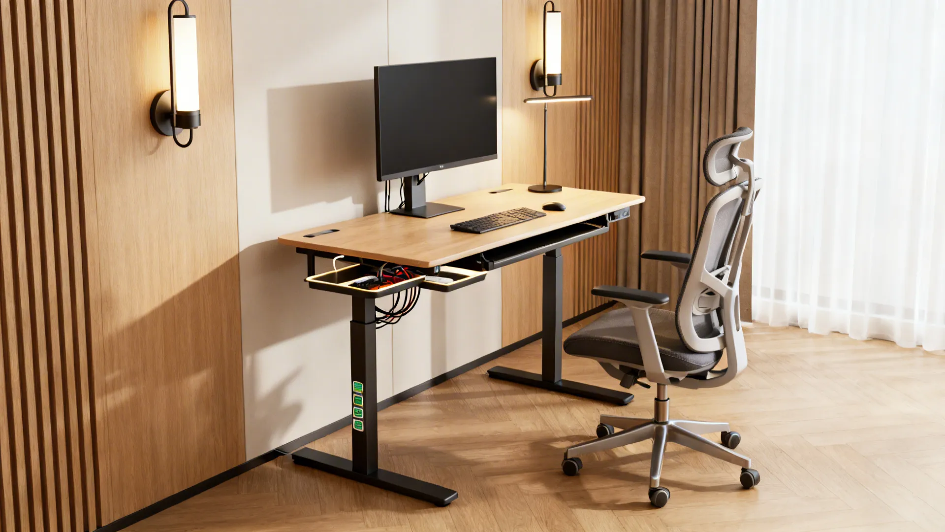 Ergonomic compact workstation showing monitor at eye level, cable management and adjustable lighting