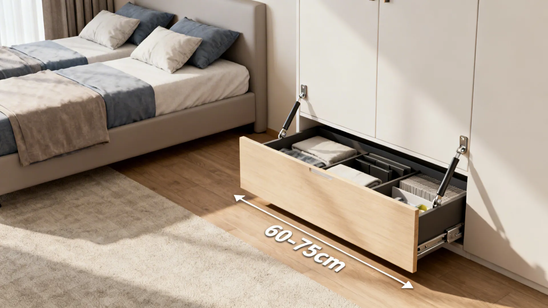 Room graphic showing 60-75 cm clearance between beds and door, Murphy bed hardware and storage details.