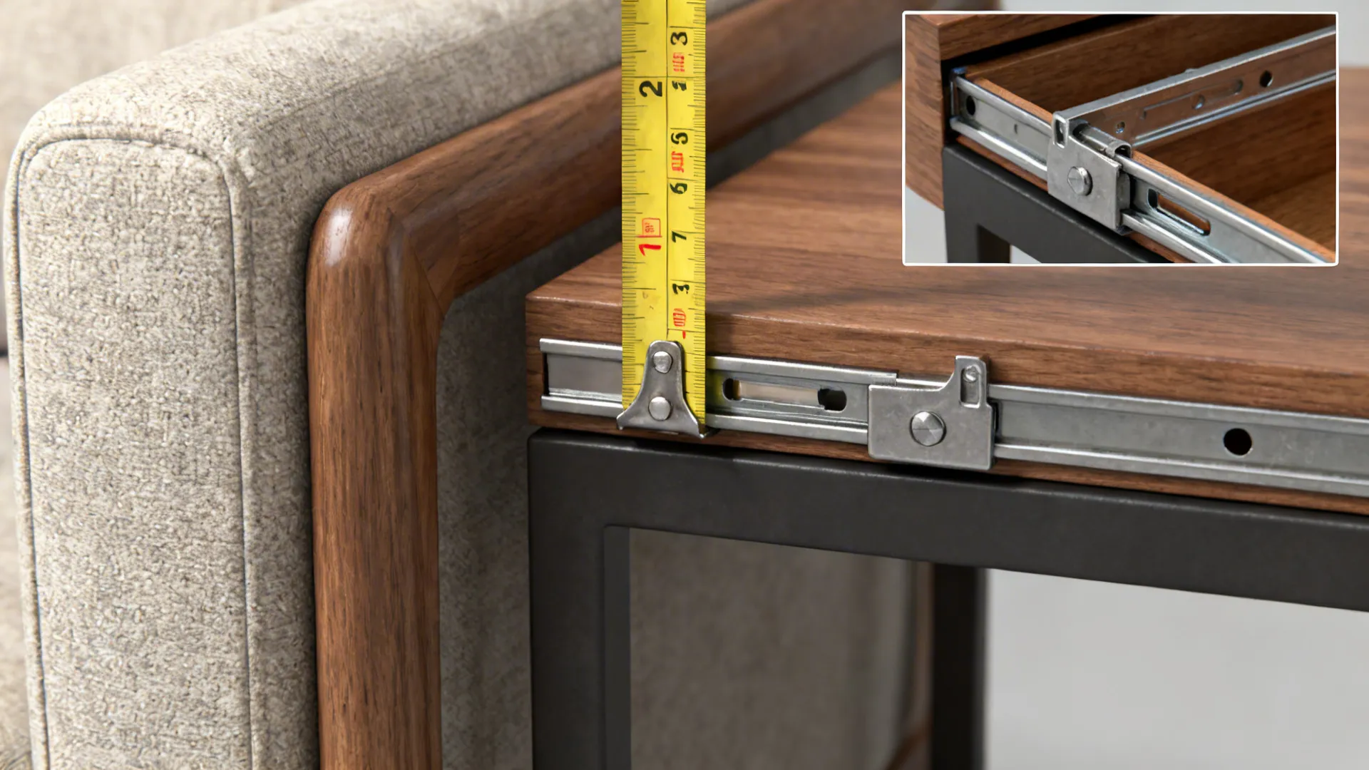 Yellow measuring tape showing height of metal drawer slide on wooden table next to sofa