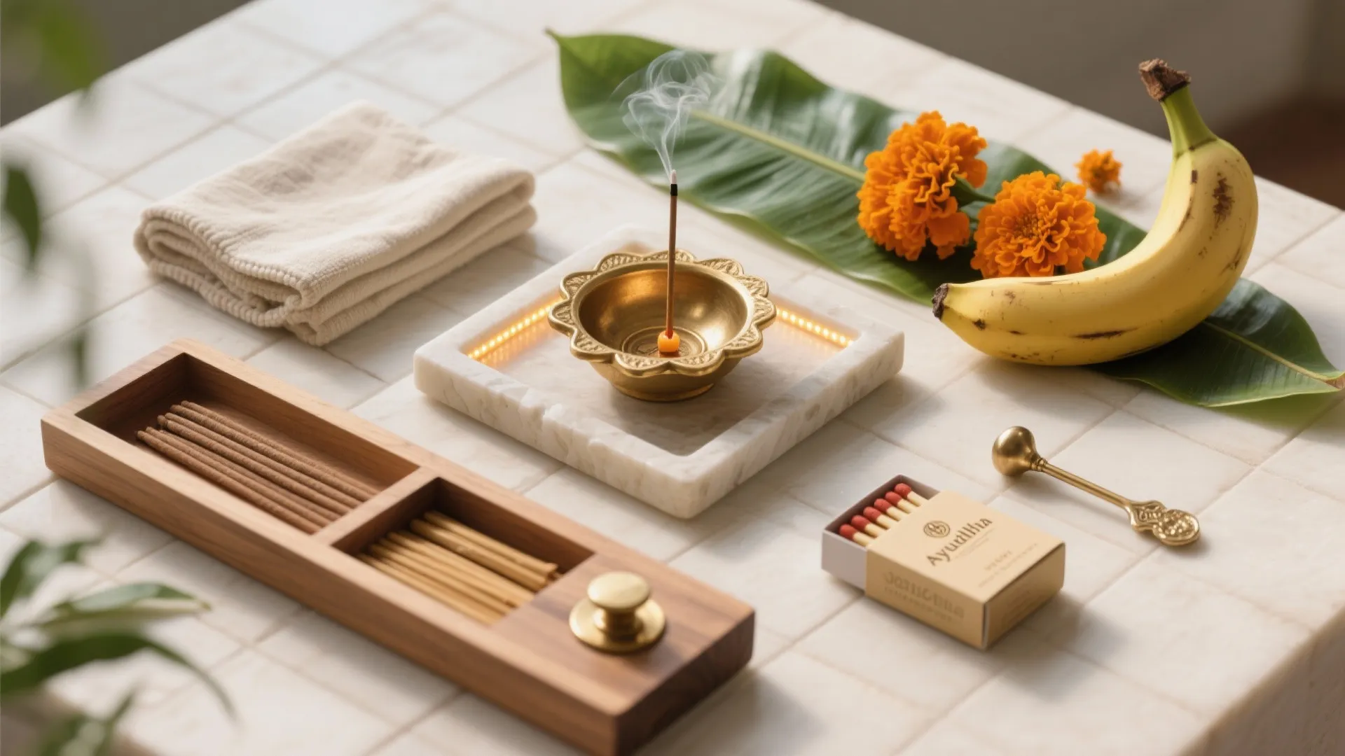 Golden bowl with burning incense on marble tray near matches orange flowers and wooden box