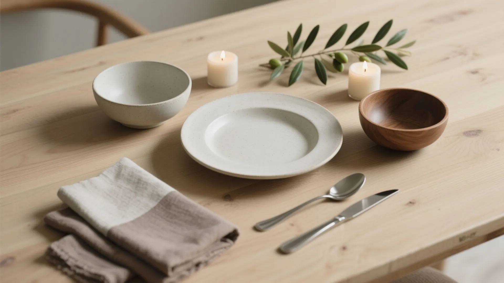 Minimalist table setting with white ceramic plate wooden bowl candles small green branch and folded napkins