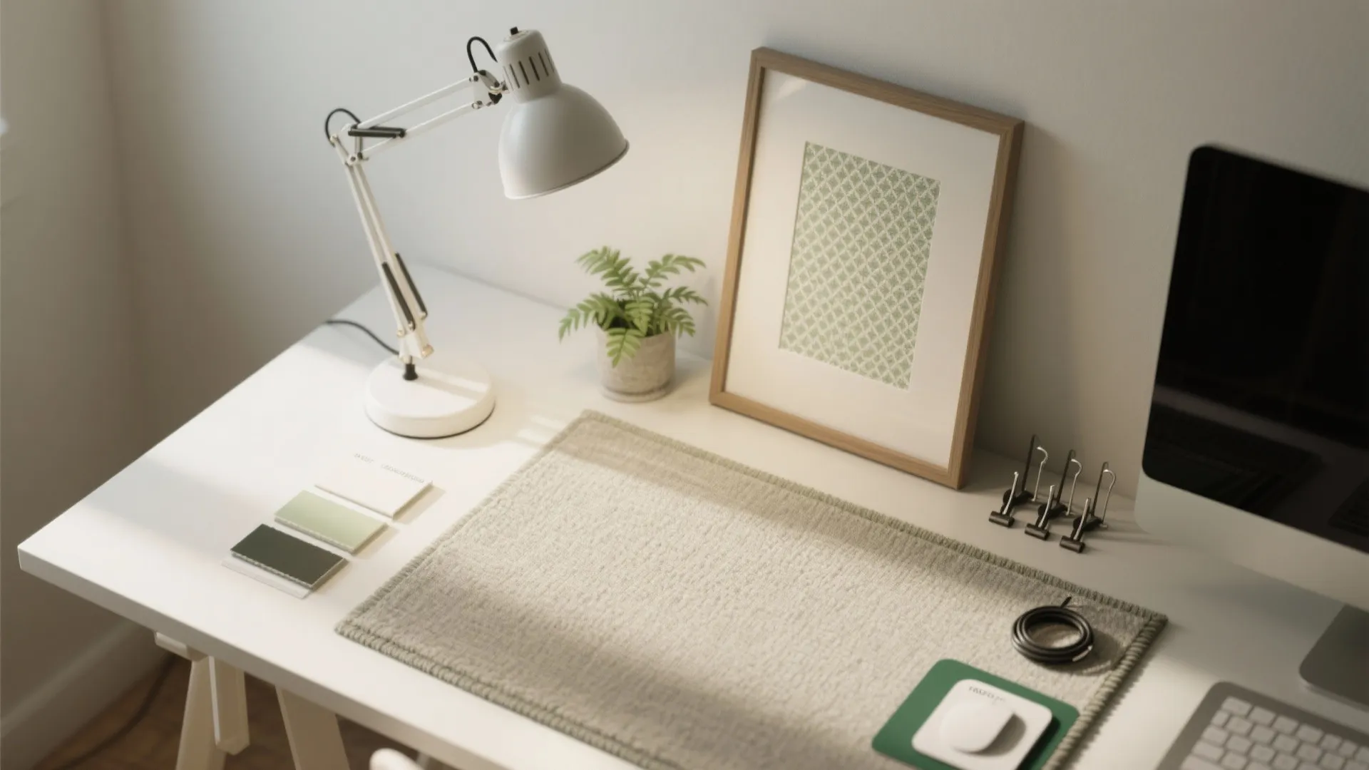 Clean white workspace with desk lamp picture frame green plant color samples and neat desk mat