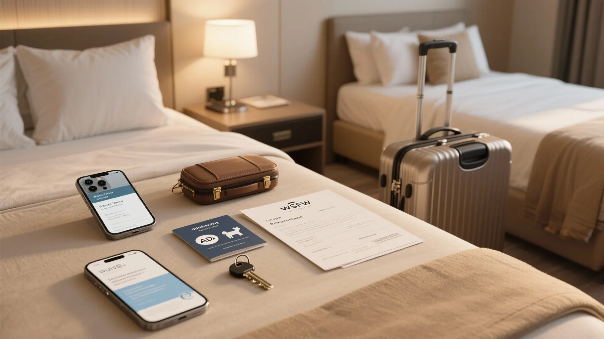 Travel essentials and booking information displayed in a hotel suite emphasizing policies and planning