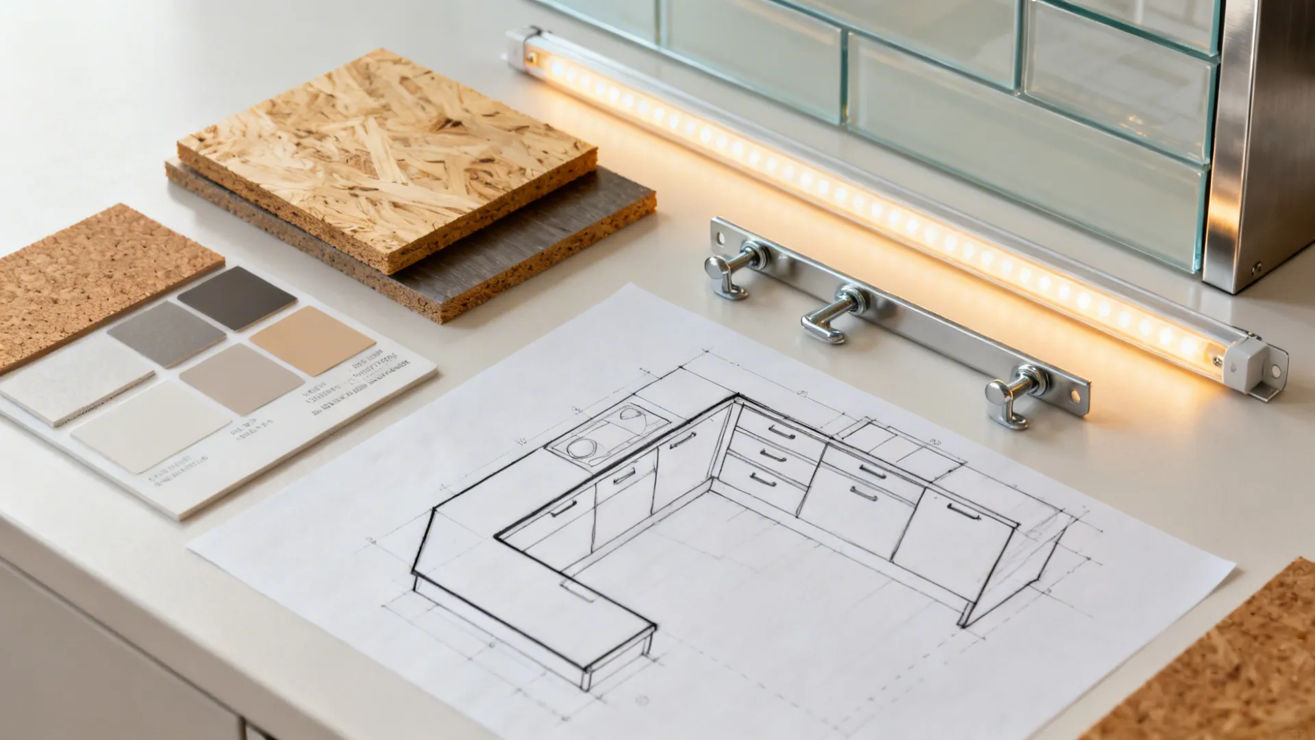 Flat lay of materials, lighting, hardware, and an L-shape sketch for small kitchens.