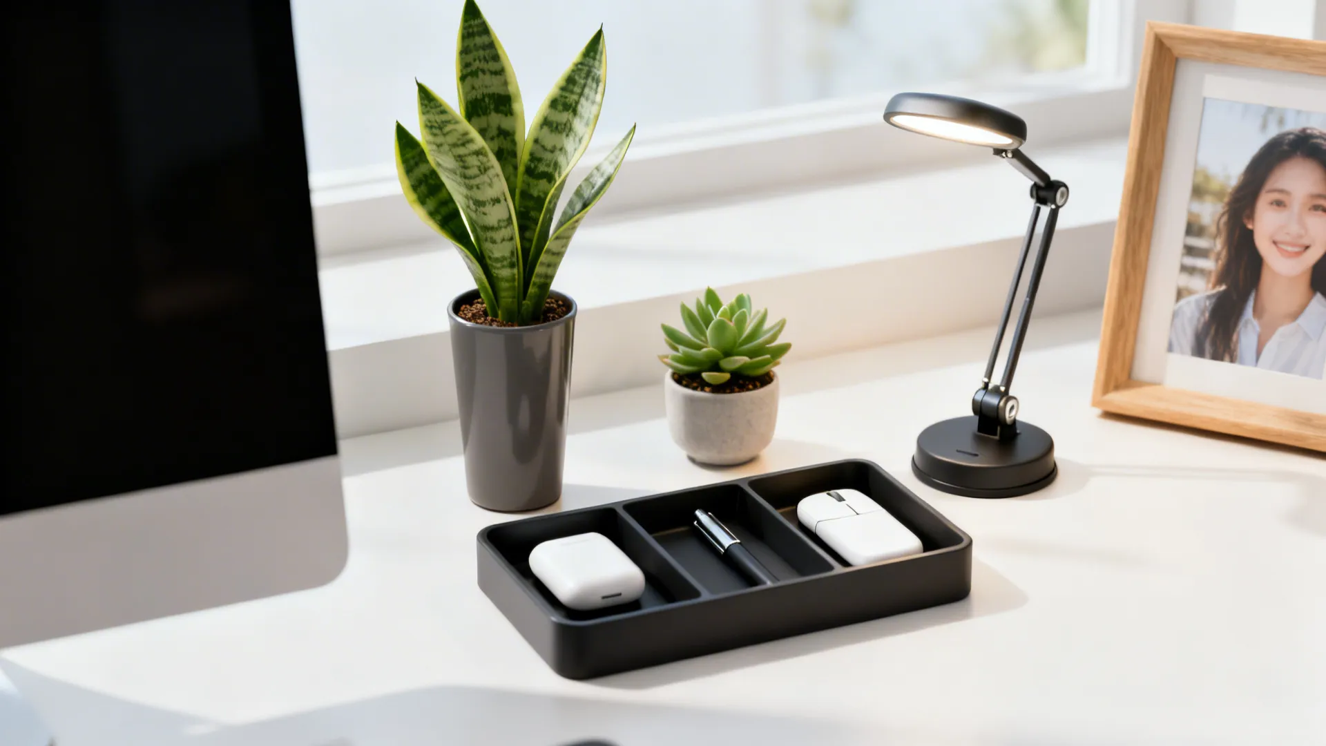 Desk essentials: low-maintenance plants, task lamp, and tidy organizers showing practical choices.