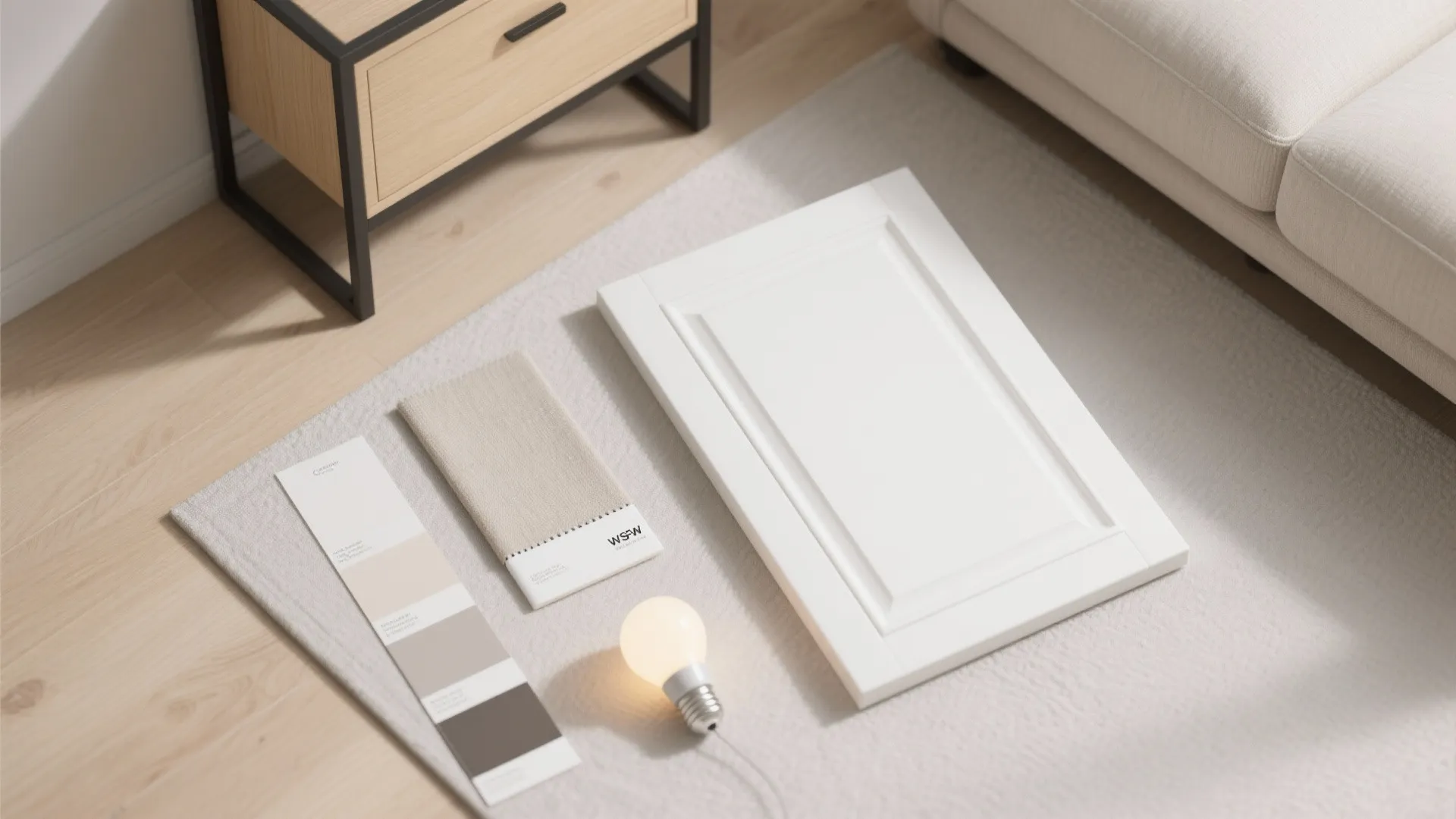 Interior design materials with white wall panel fabric samples light bulb and wood floor cabinet