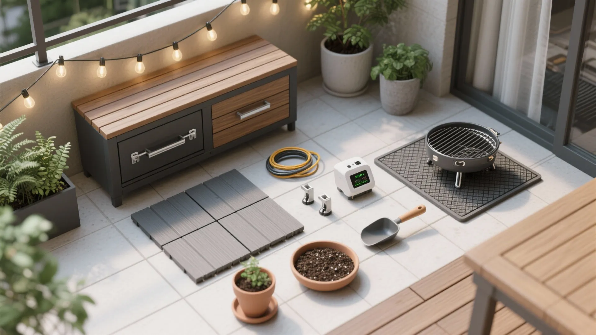 Outdoor balcony layout with storage cabinet grill potted plants soil shovel floor tiles and string lights