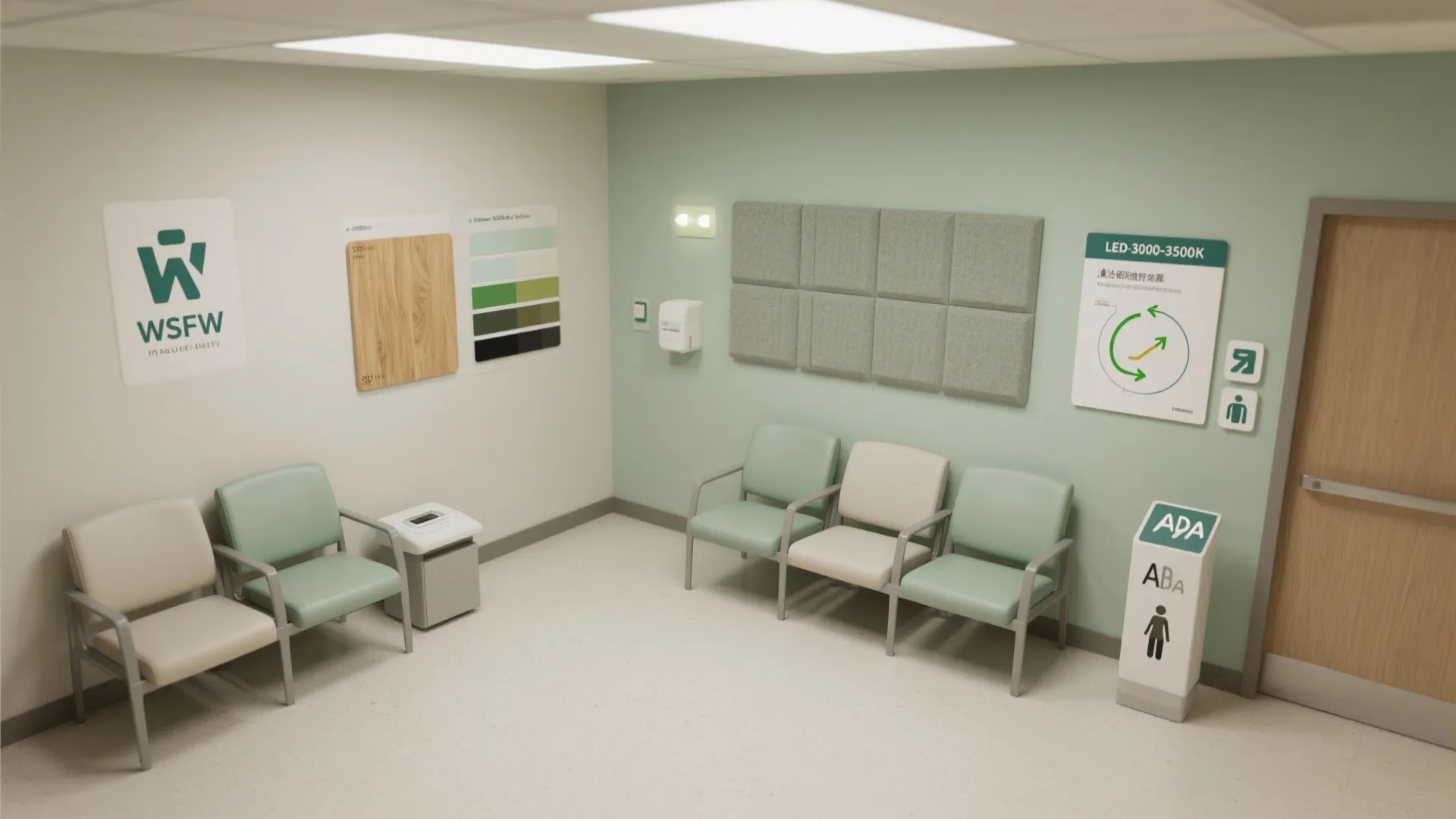 Modern medical waiting area with green chairs light green wall panels and wooden door design
