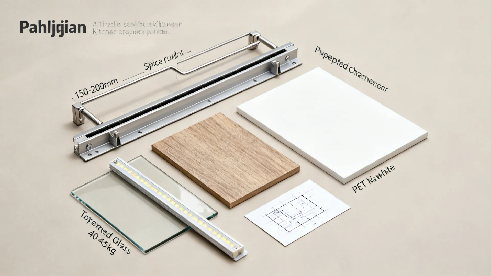 Flat lay of key kitchen components like drawer channels, glass, laminates, and LED strips.