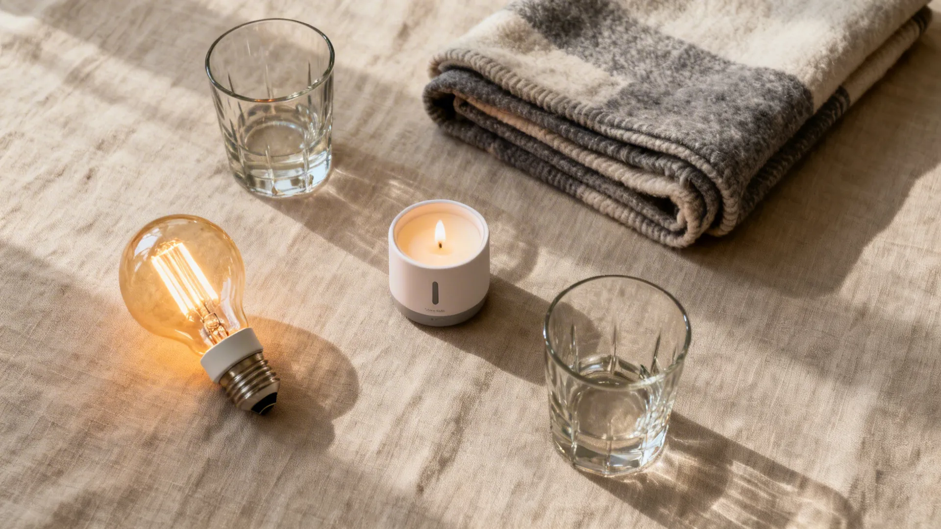 Top-down essentials: warm bulb, LED candles, diffuser, throw, and two rocks glasses on linen.
