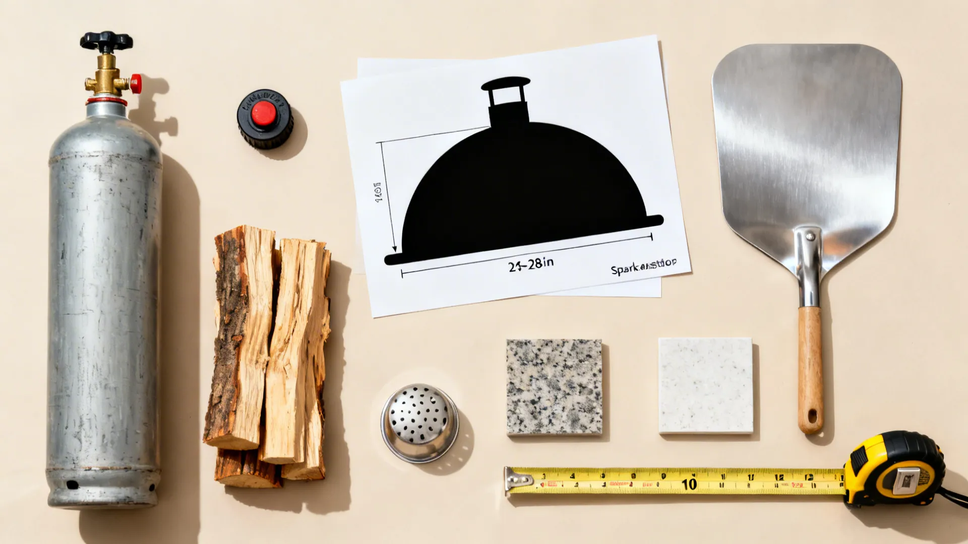 Flat lay including gas tank, wood logs, pizza oven drawing, metal pizza peel, and tape measure
