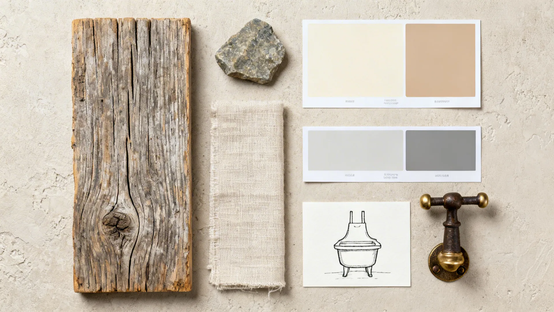 Flatlay of French country essentials including wood, stone, brass, linen, and creamy paint chips.