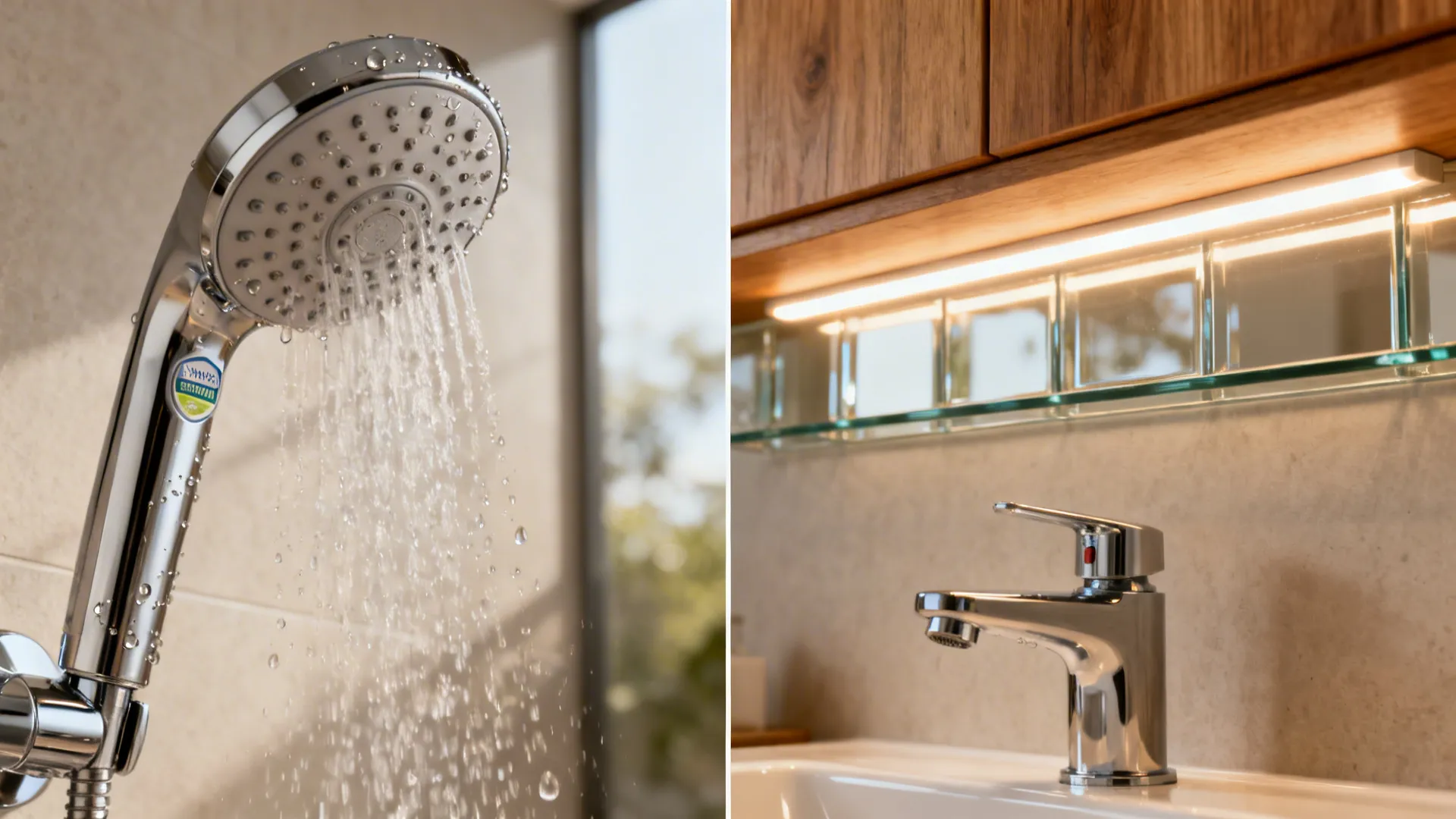 Macro of WaterSense showerhead, under-cabinet LED glow on glass backsplash, and compact faucet spout.