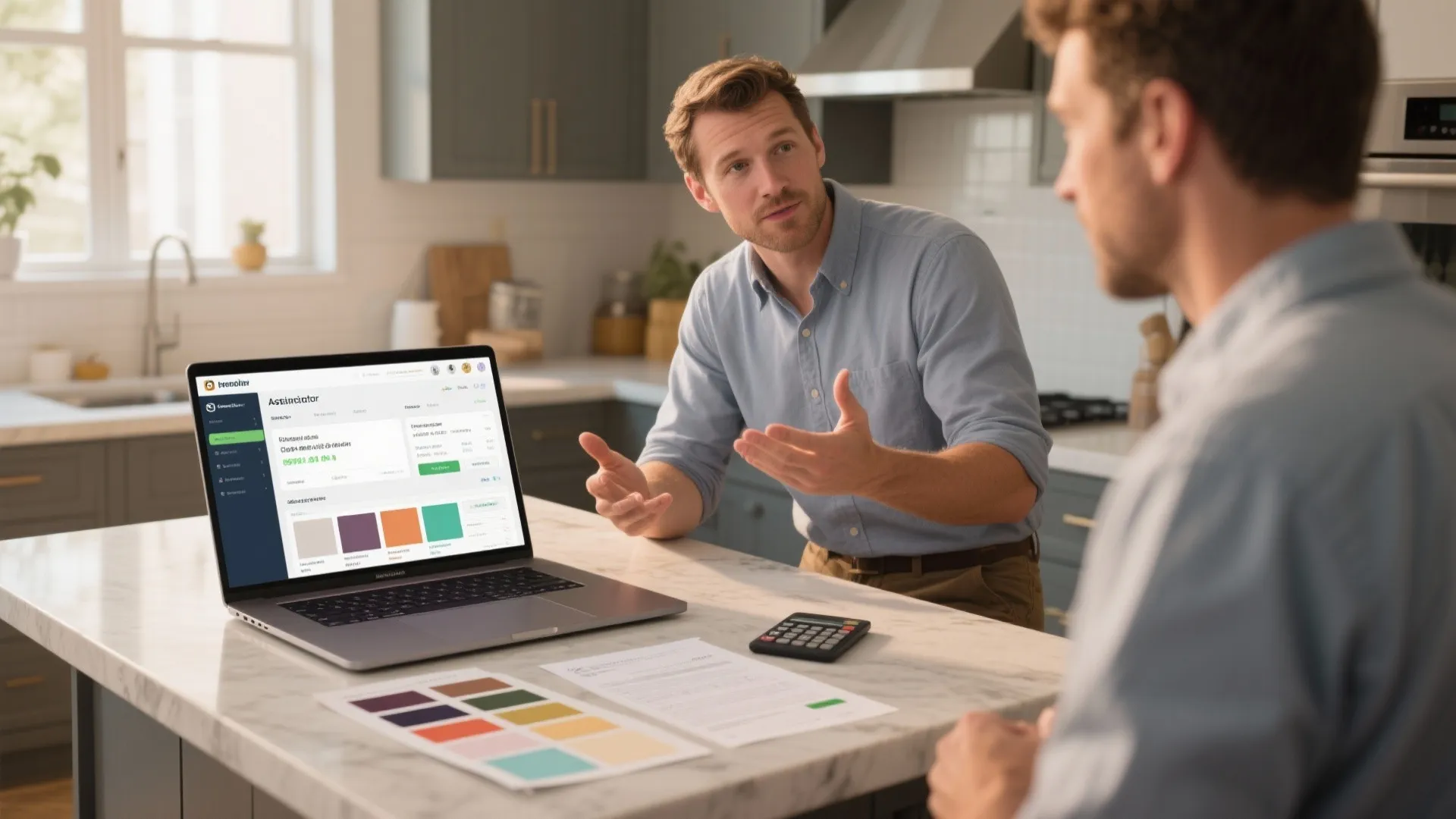 Designer discussing cost estimation on a laptop screen with a client in a modern kitchen