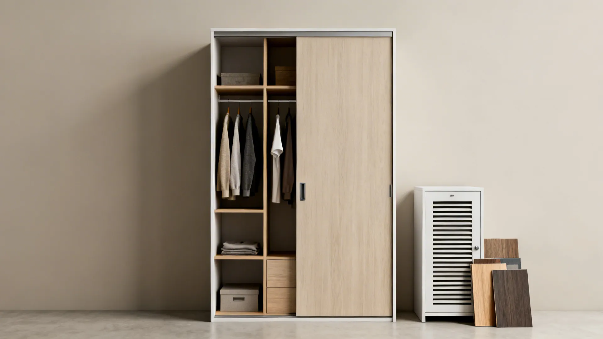 Examples of wardrobe types, door options, and moisture-resistant materials for small dressing rooms