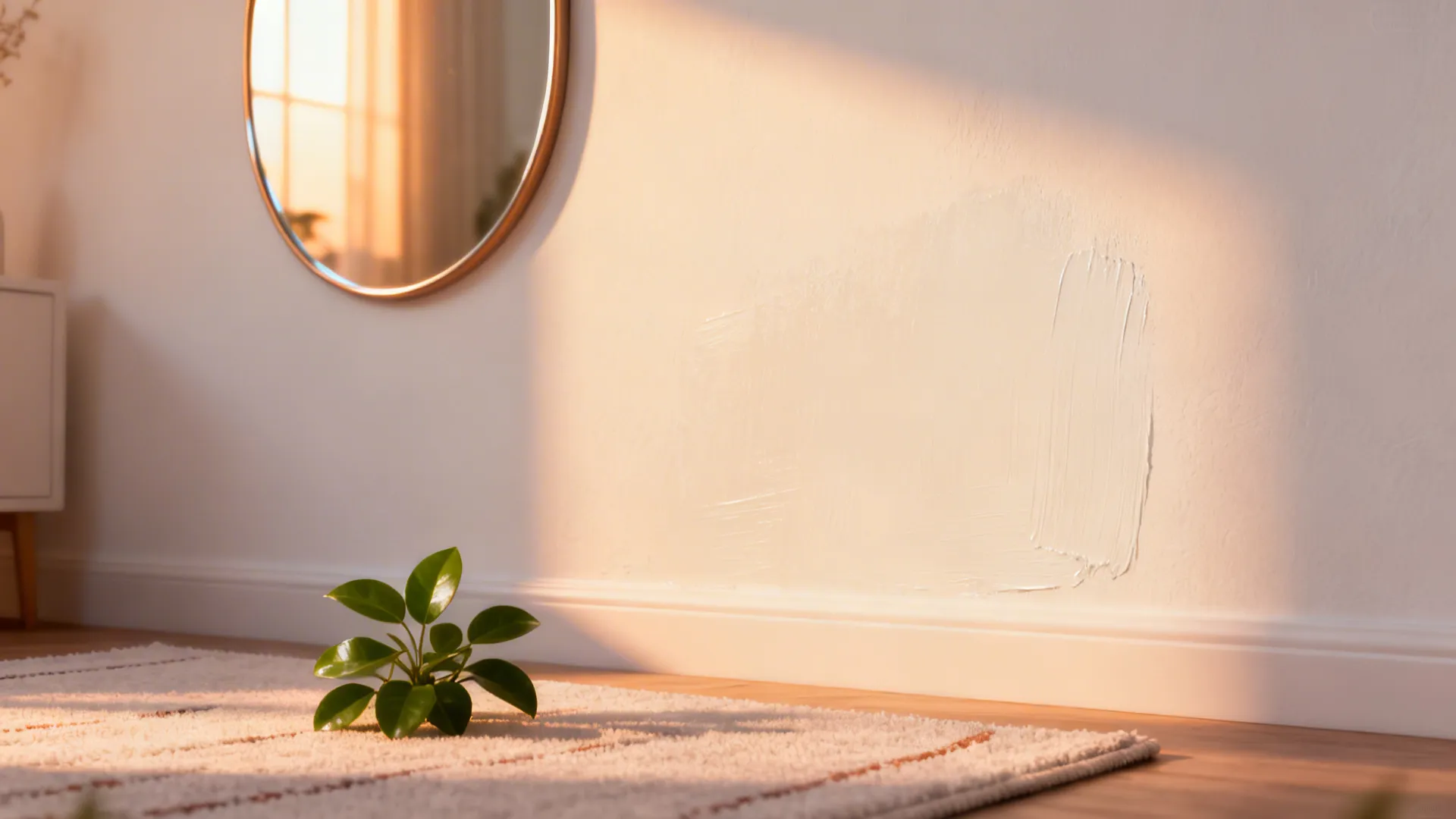 Close up of a white wall with a paint patch a small plant and mirror