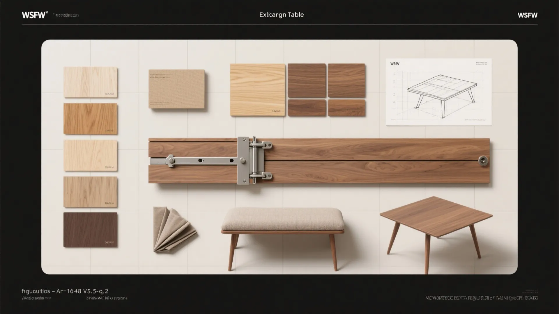 Mood board showing wood material samples fabric footrest small wooden table and interior design sketches